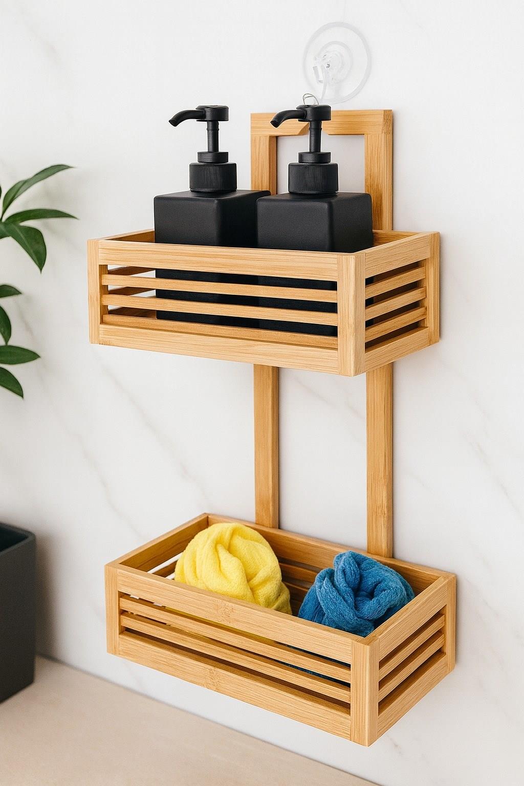 Doğal Bambu Duvar Tipi 2 Katlı Banyo Rafı – Askılı ve Vakumlu Organizer BR-6703