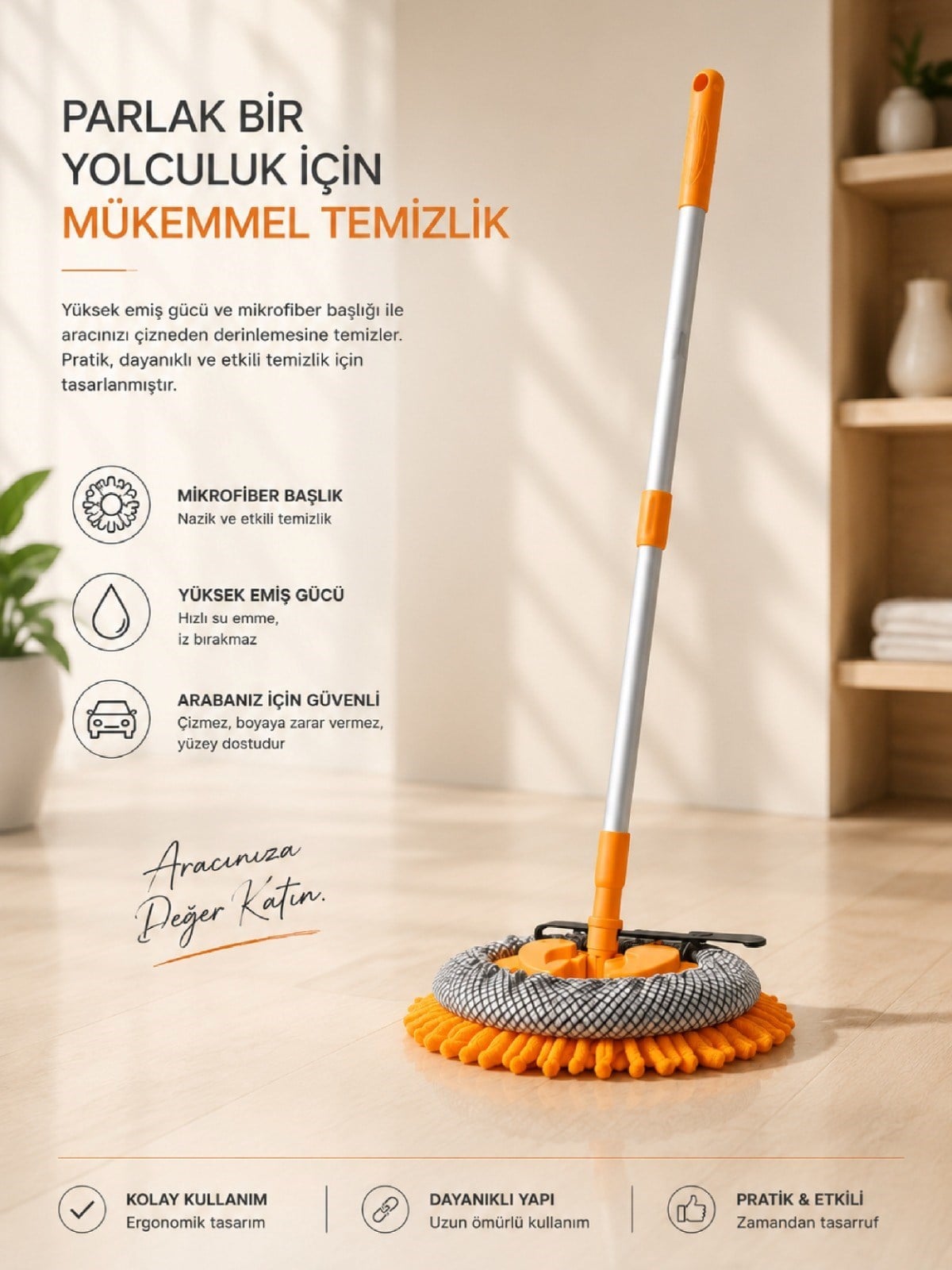 Mikrofiber Araç Yıkama Mopu Uzatmalı Saplı Oto Temizlik Fırçası Araç Kurulama Mopu VICHY-7026