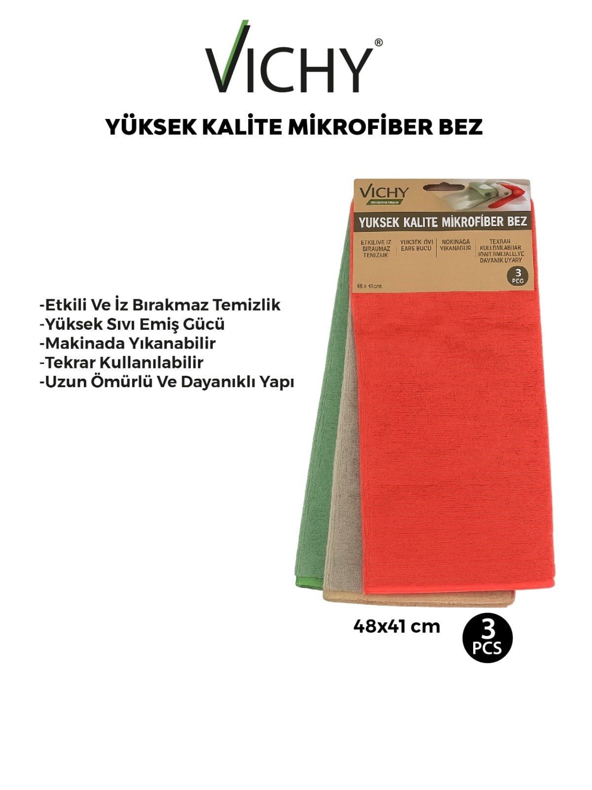 Vichy 3'lü Mikrofiber Temizlik Bezi 48x41 cm Çok Amaçlı Yüksek Emici Bez Seti  VCH-6865 