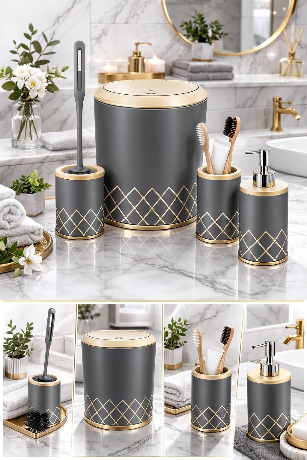 VICHY Geometrik Zikzak Desenli 4’lü Banyo Seti 