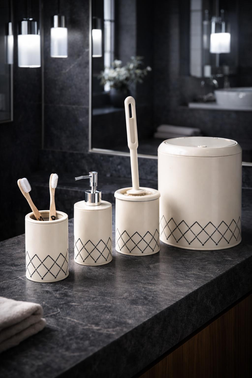 VICHY Geometrik Zikzak Desenli 4’lü Banyo Seti 