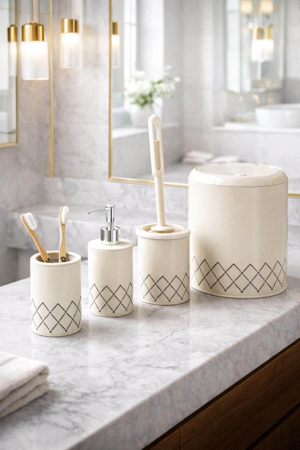VICHY Geometrik Zikzak Desenli 4’lü Banyo Seti 