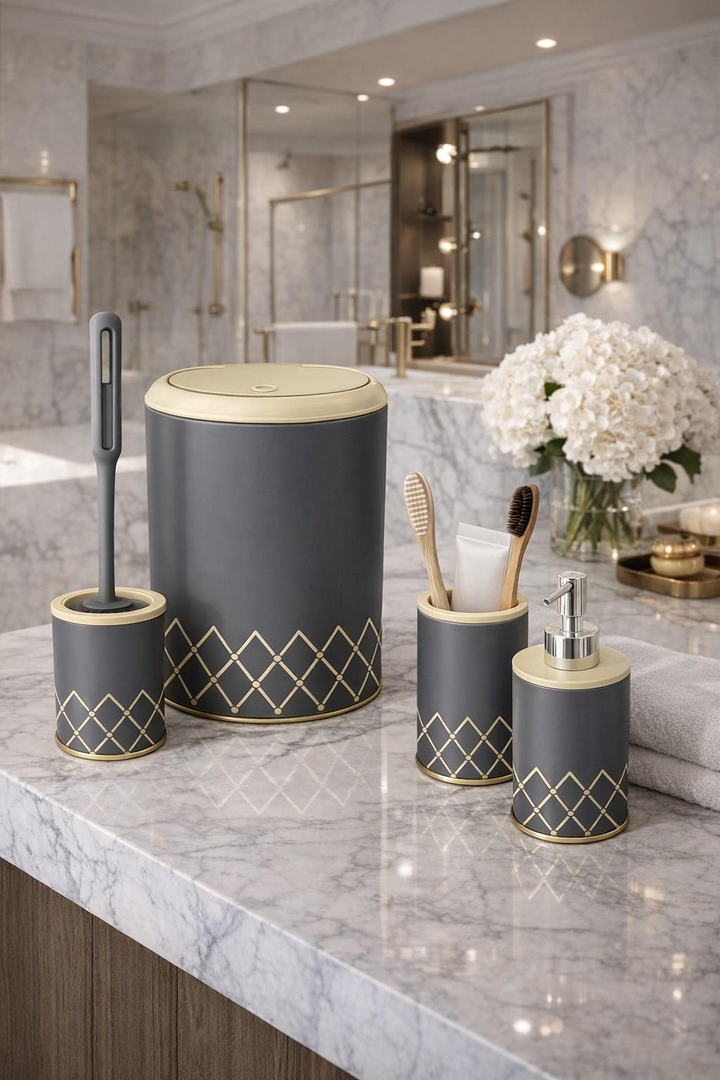 VICHY Geometrik Zikzak Desenli 4’lü Banyo Seti 