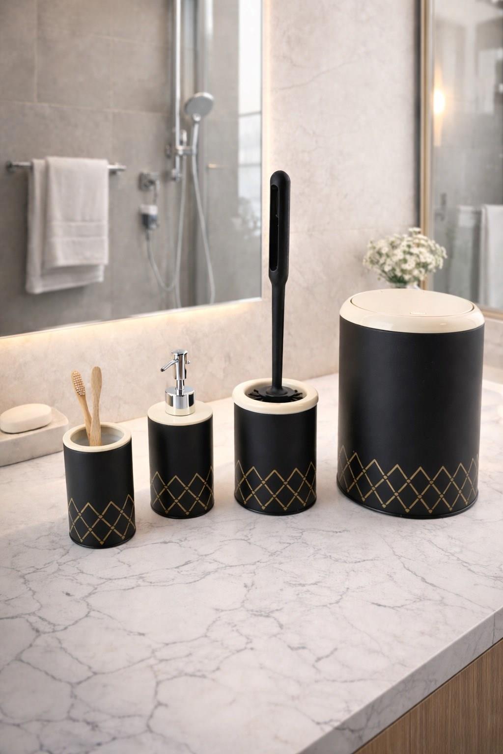 VICHY Geometrik Zikzak Desenli 4’lü Banyo Seti 