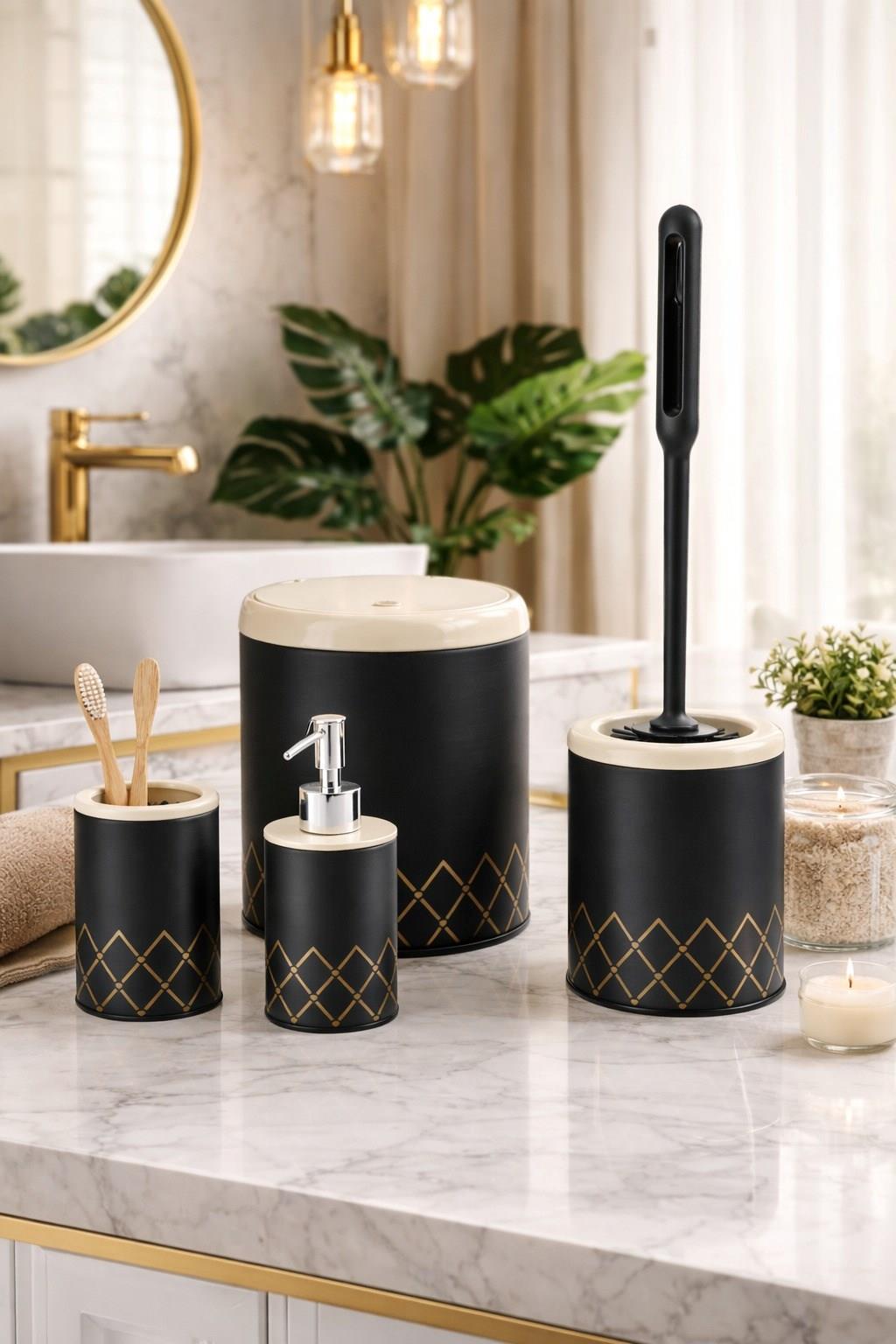 VICHY Geometrik Zikzak Desenli 4’lü Banyo Seti 