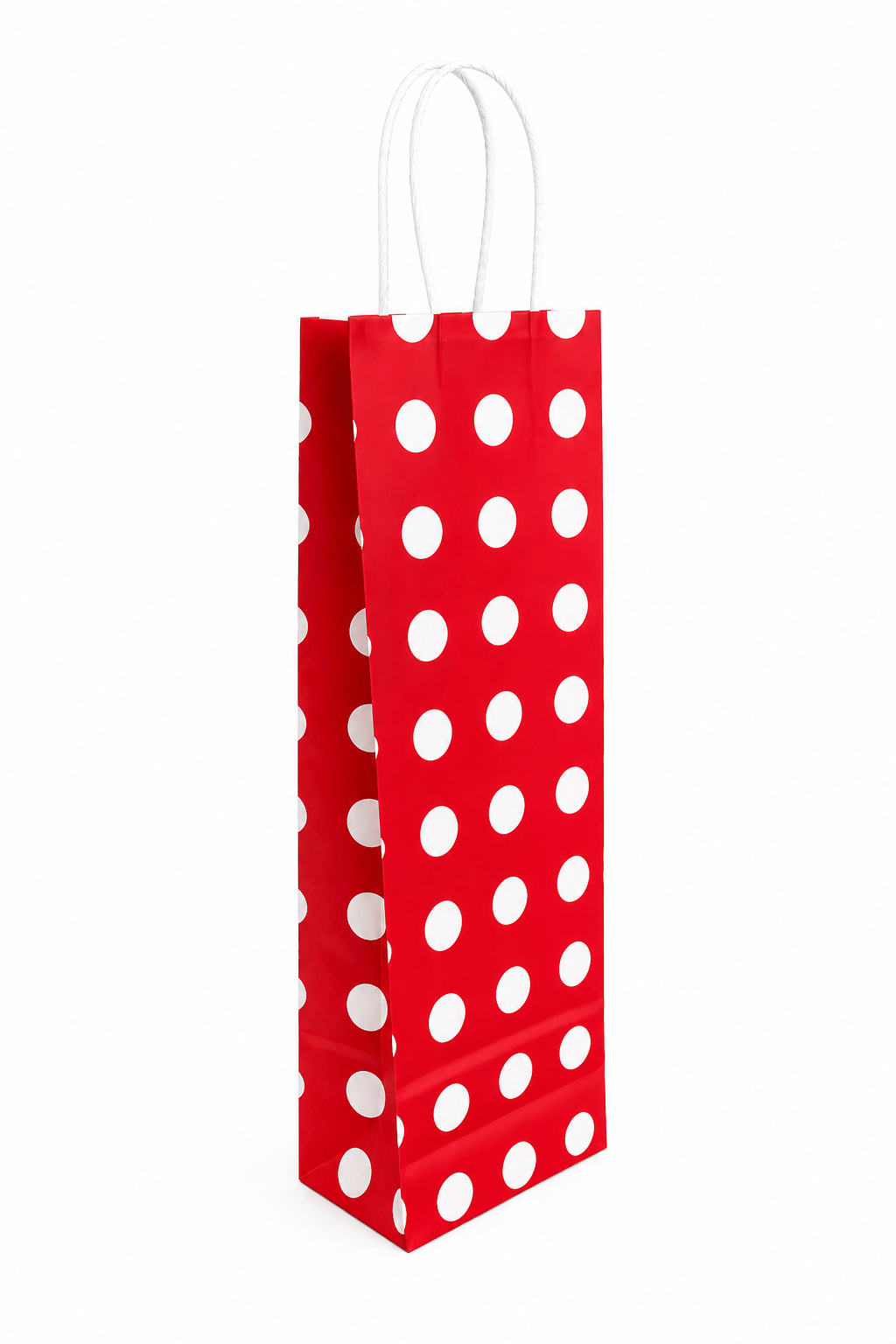 Çanta Beyaz Kraft Kırmızı Puantiyeli 12,5x36x8 Cm Burgu Sap Şişe Çantası