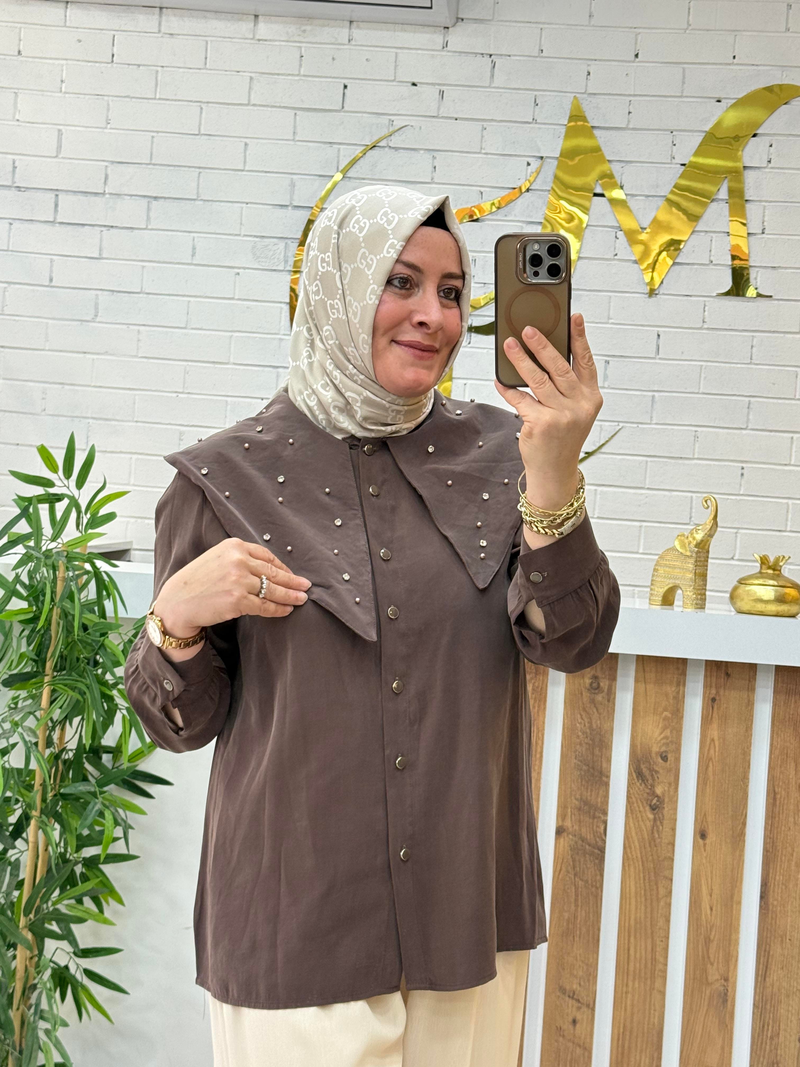 İNCİ ÇAKMA YAKALI KUPRA GÖMLEK