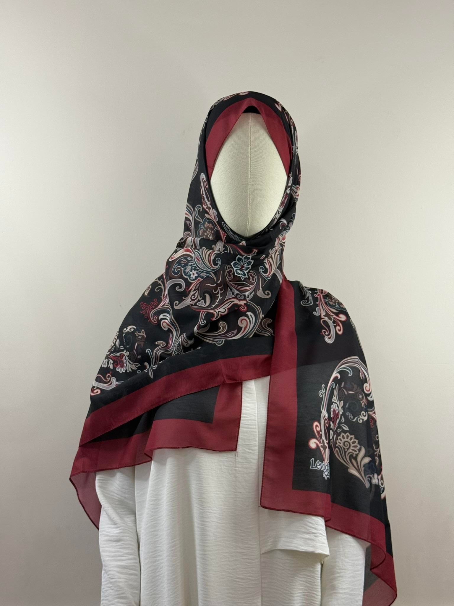 Levidor | Etnik Desenli Şal - Siyah Bordo