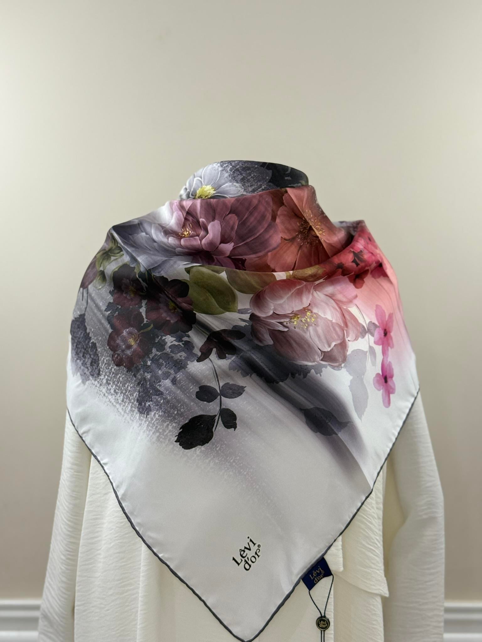 Levidor | Gri-Pembe Kenarlı Çiçek Desen Twill İpek Eşarp