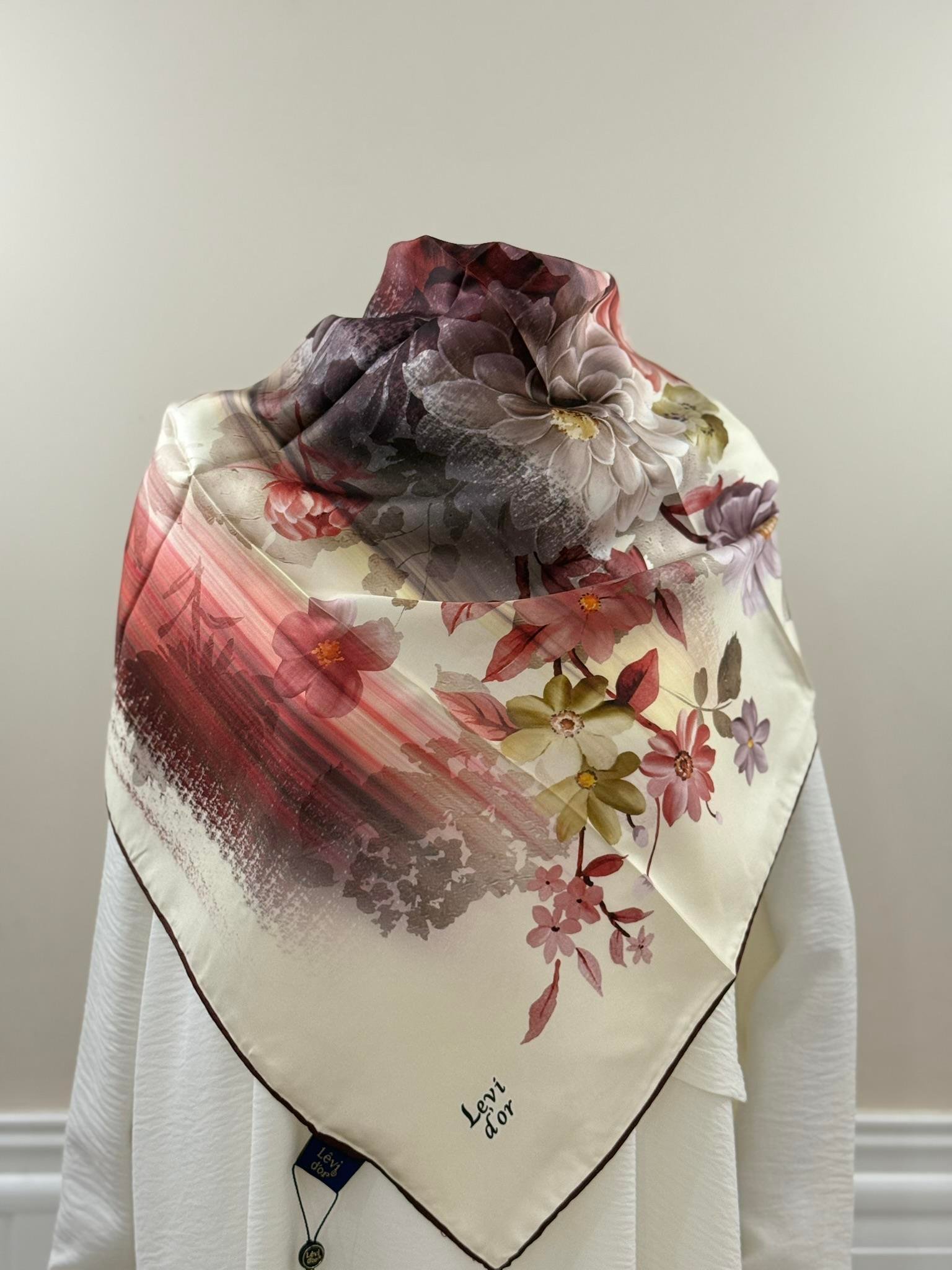 Levidor | Krem-Bordo Kenarlı Çiçek Desen Twill İpek Eşarp