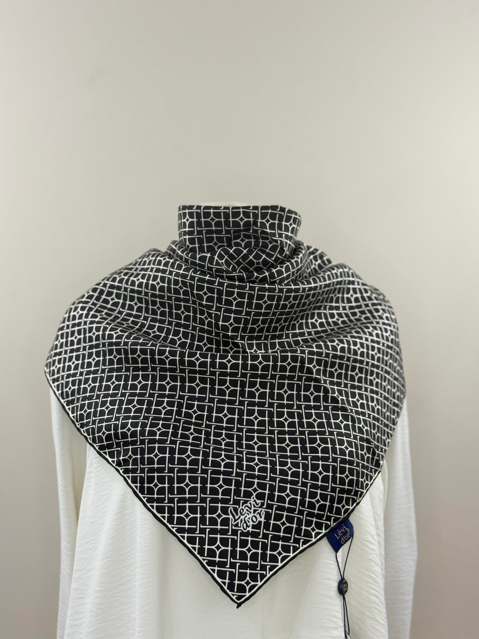 Levidor | Siyah Zen Geometri Twill İpek Eşarp