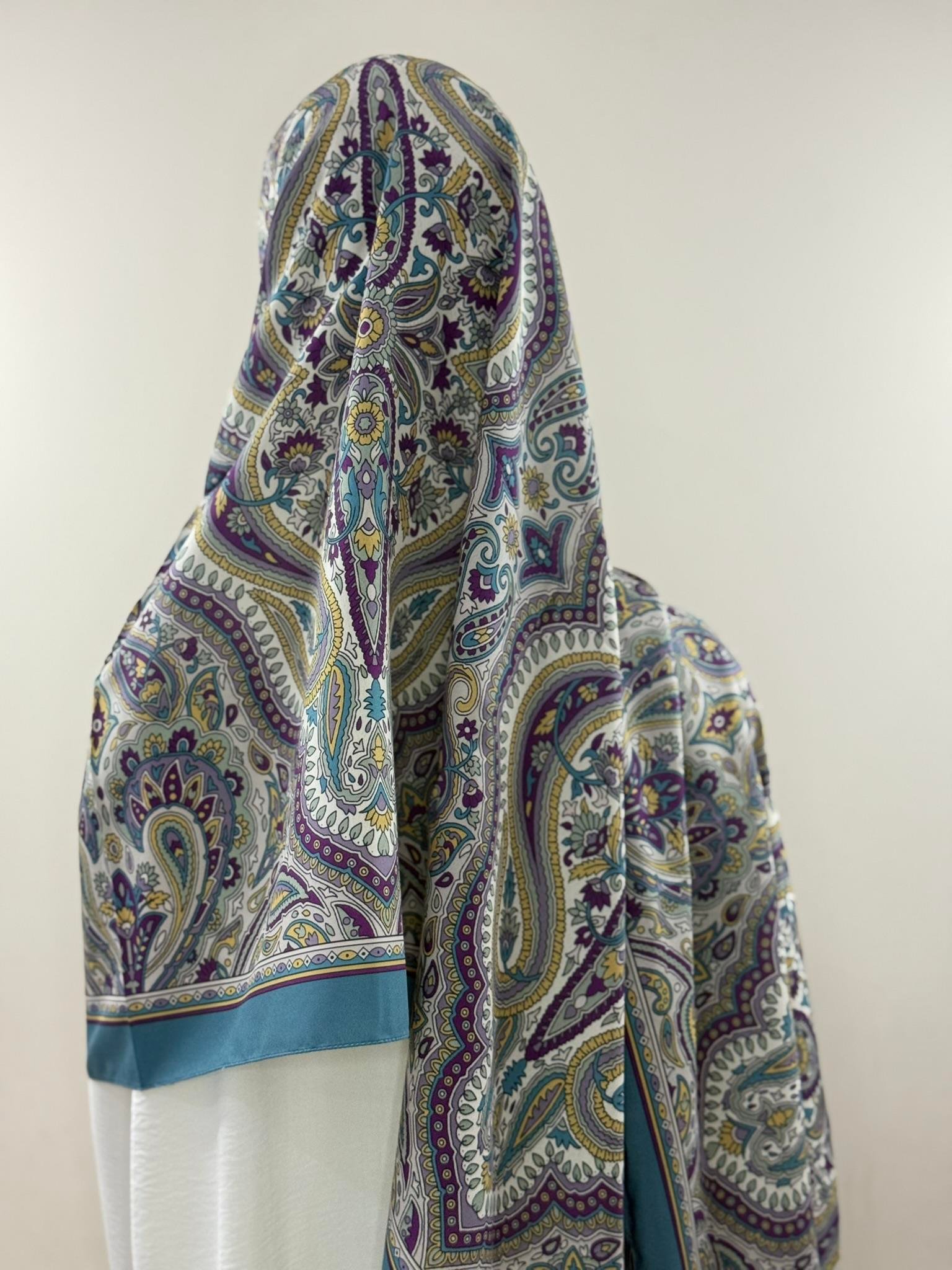 Levidor | Turkuaz Kenarlı Mor Sarı Paisley Desenli Şa