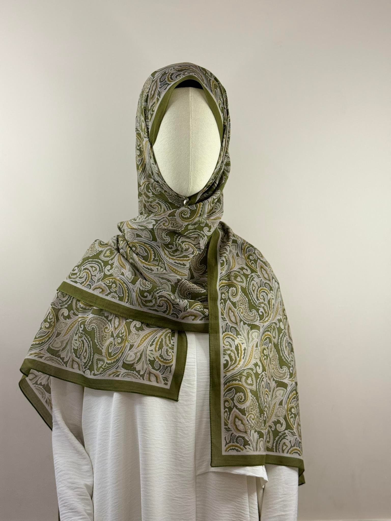 Silk Home | Nariya Şal - Zeytin Yeşili Krem