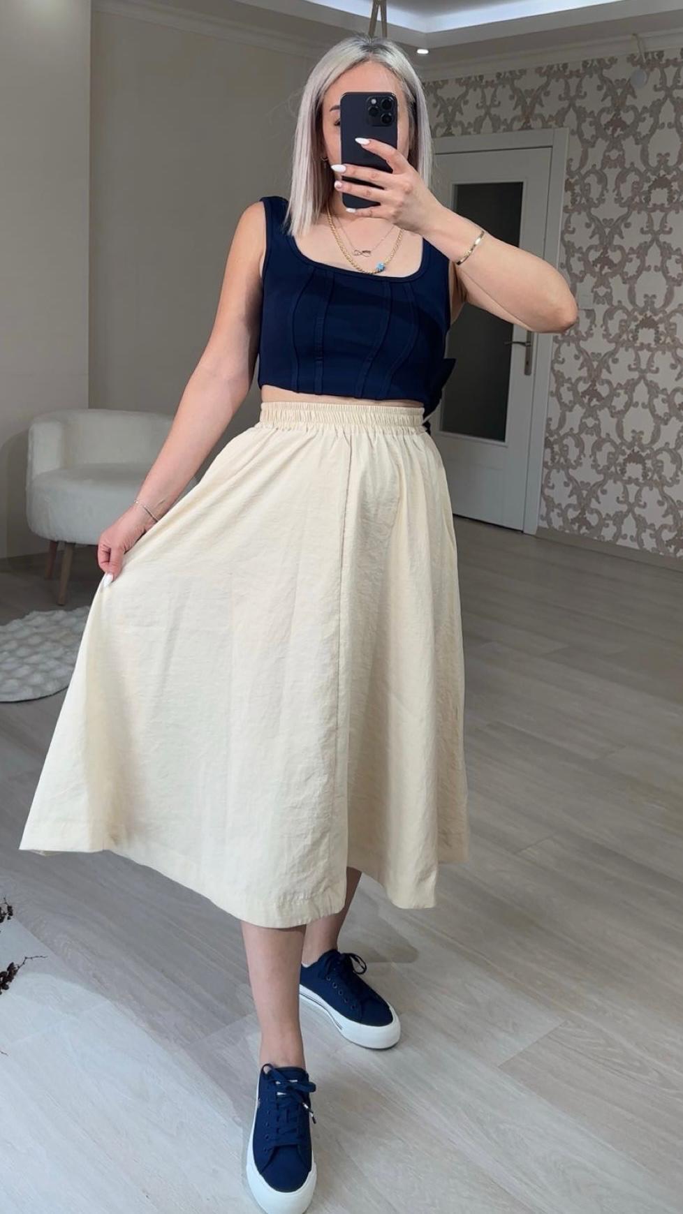BELİ LASTİKLİ MİDİ ETEK