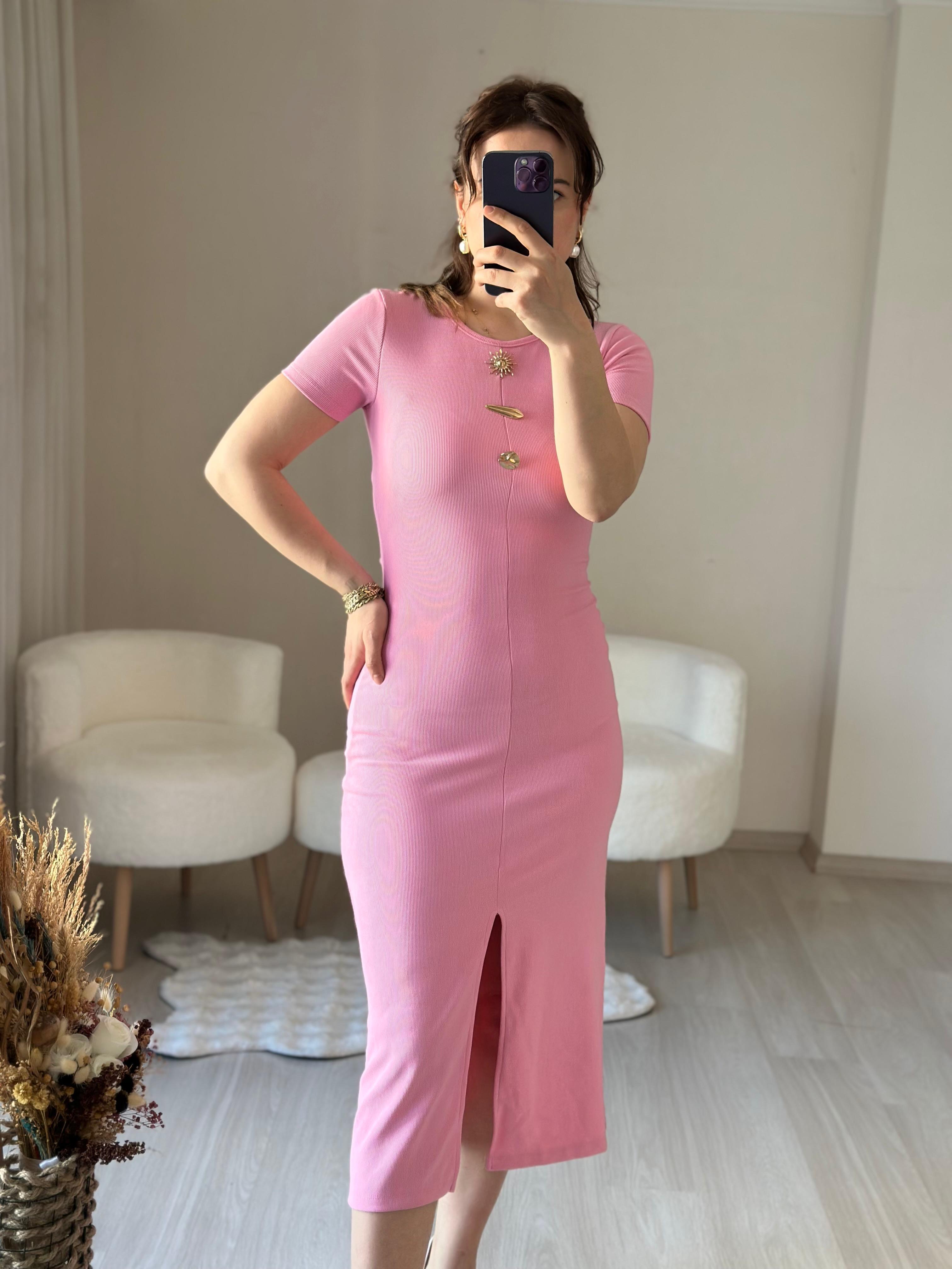 DÜĞME DETAYLI KISA KOLLU ELBİSE