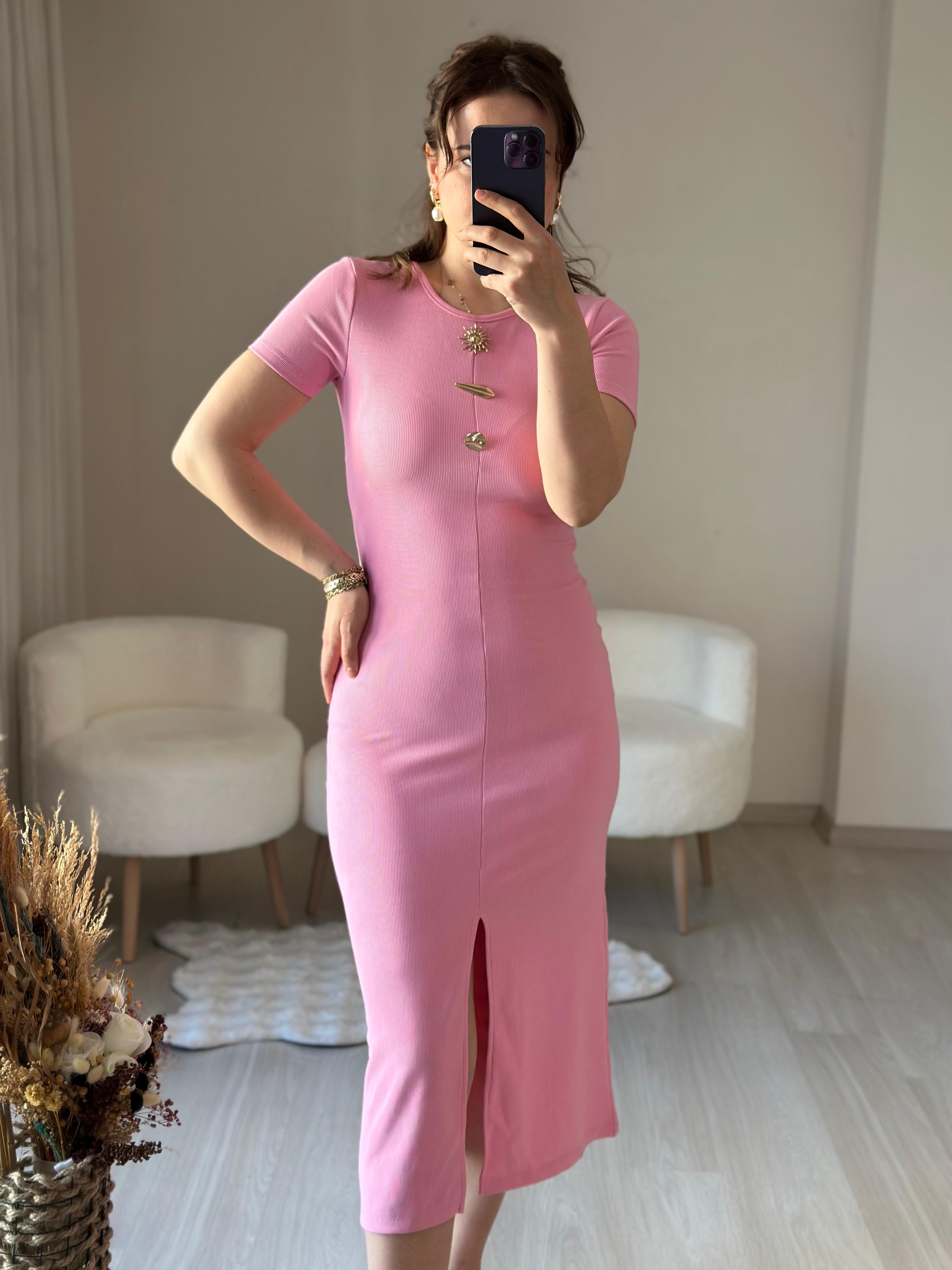 DÜĞME DETAYLI KISA KOLLU ELBİSE