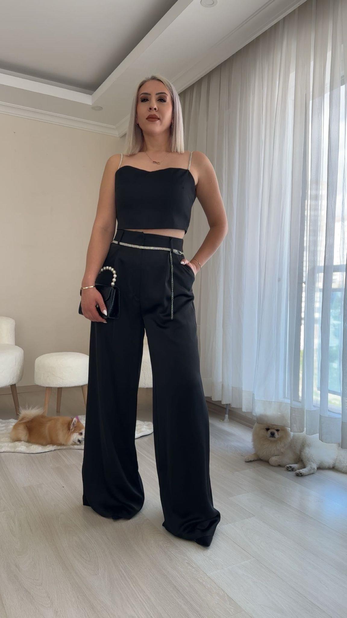KREP SATEN TAŞ KEMERLİ PANTOLON CROP TAKIM