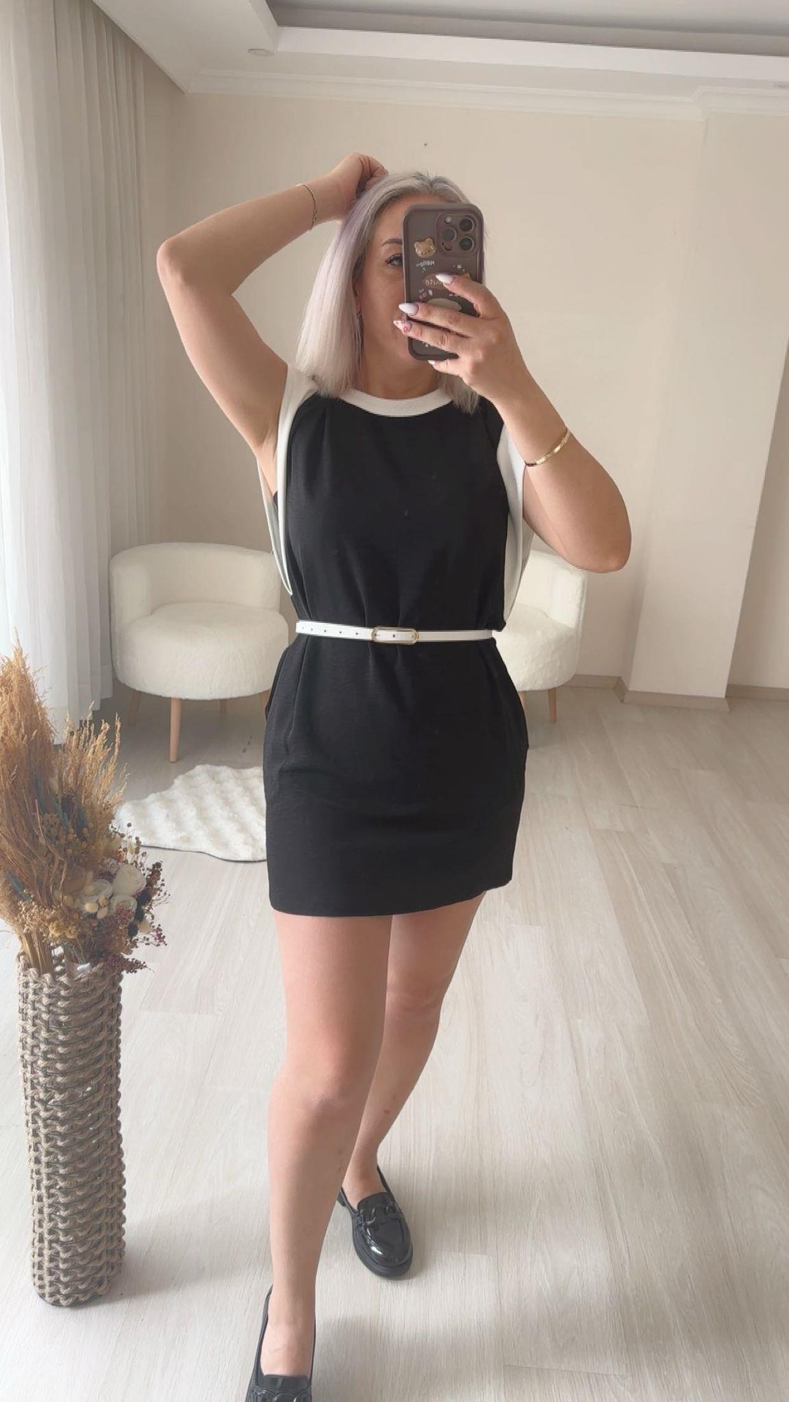 SİYAH BEYAZ DETAYLI MİNİ ELBİSE