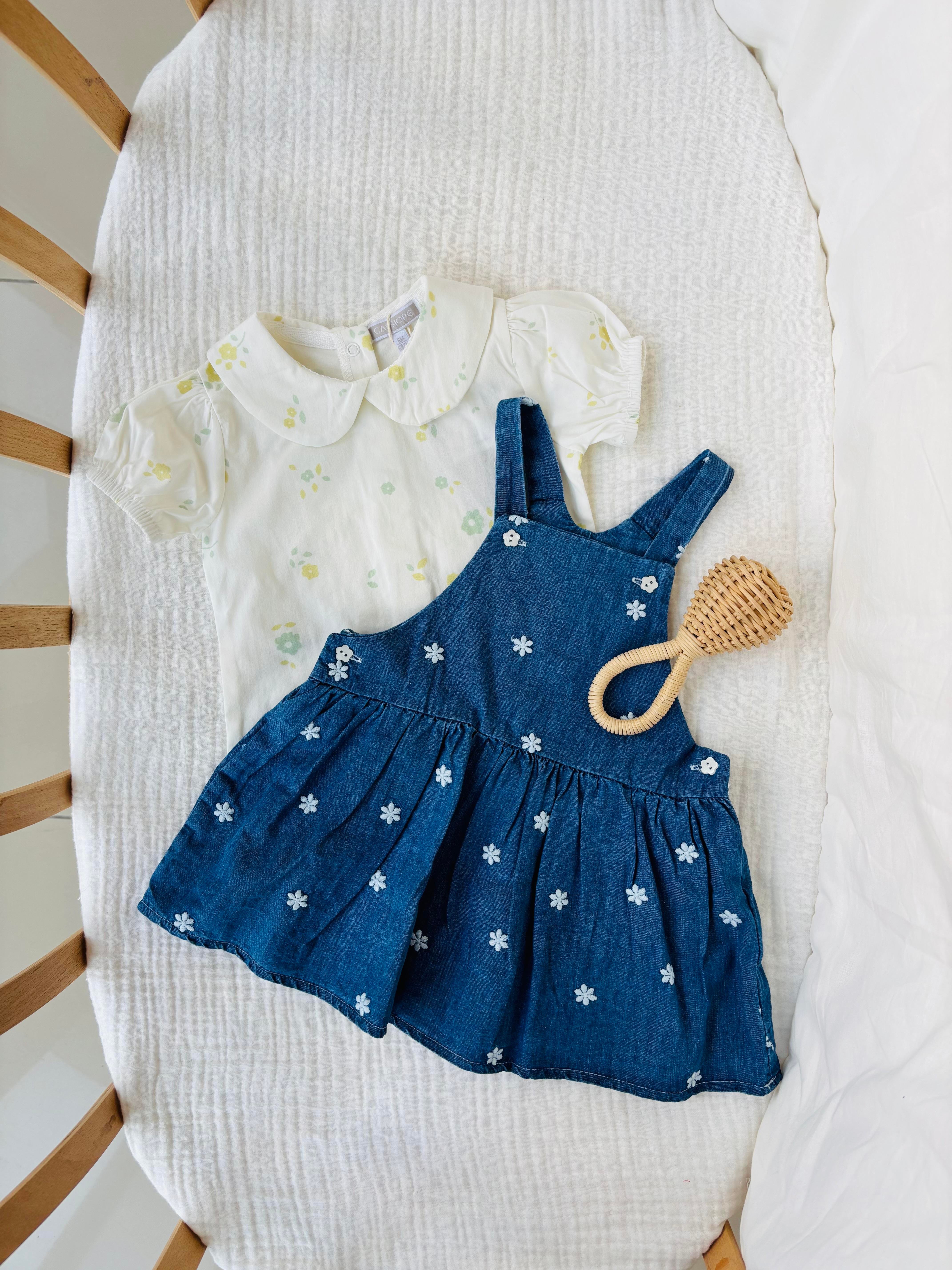 Çiçek Nakışlı Gömlekli Kot Elbise Takımı