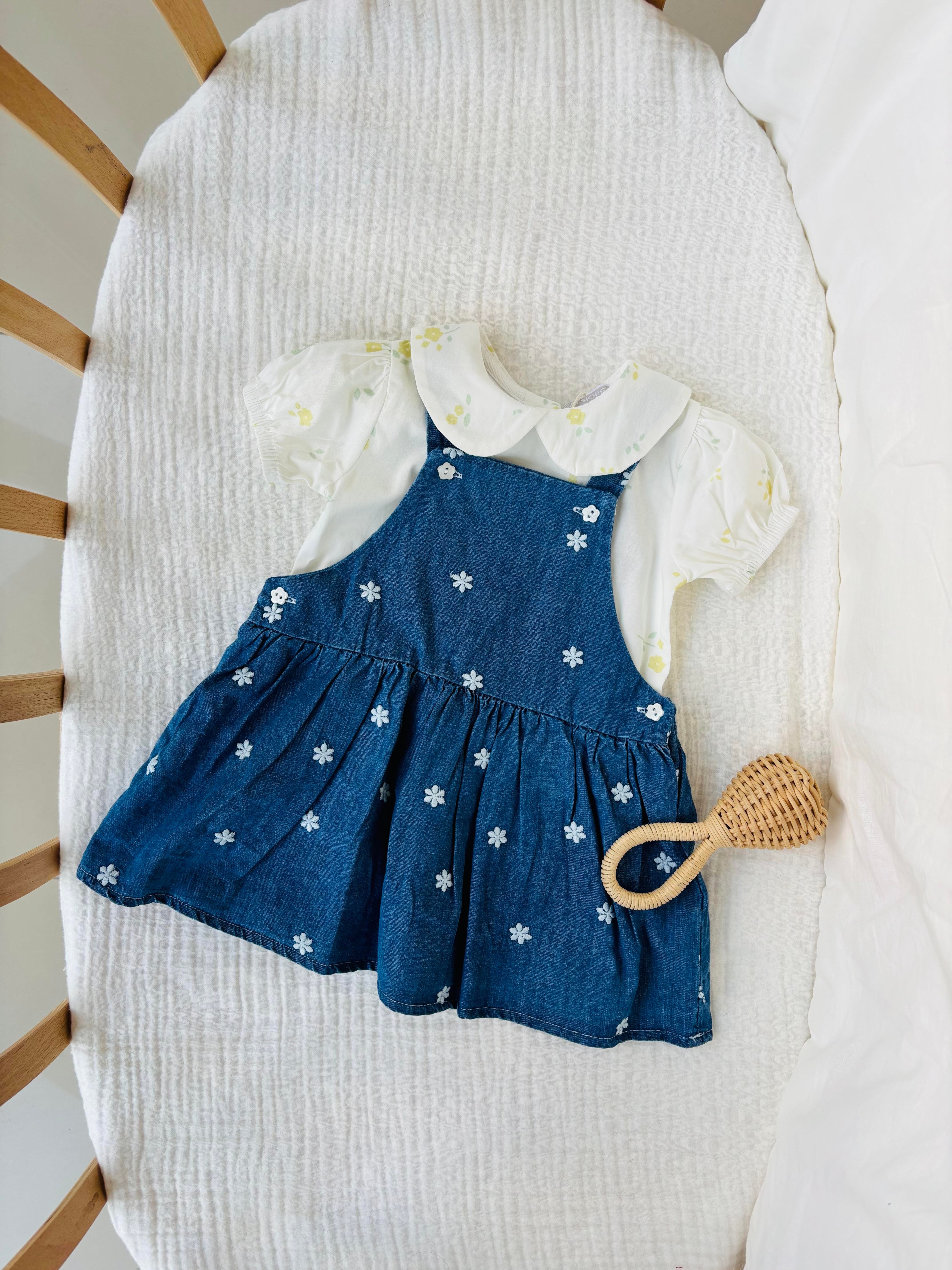 Çiçek Nakışlı Gömlekli Kot Elbise Takımı