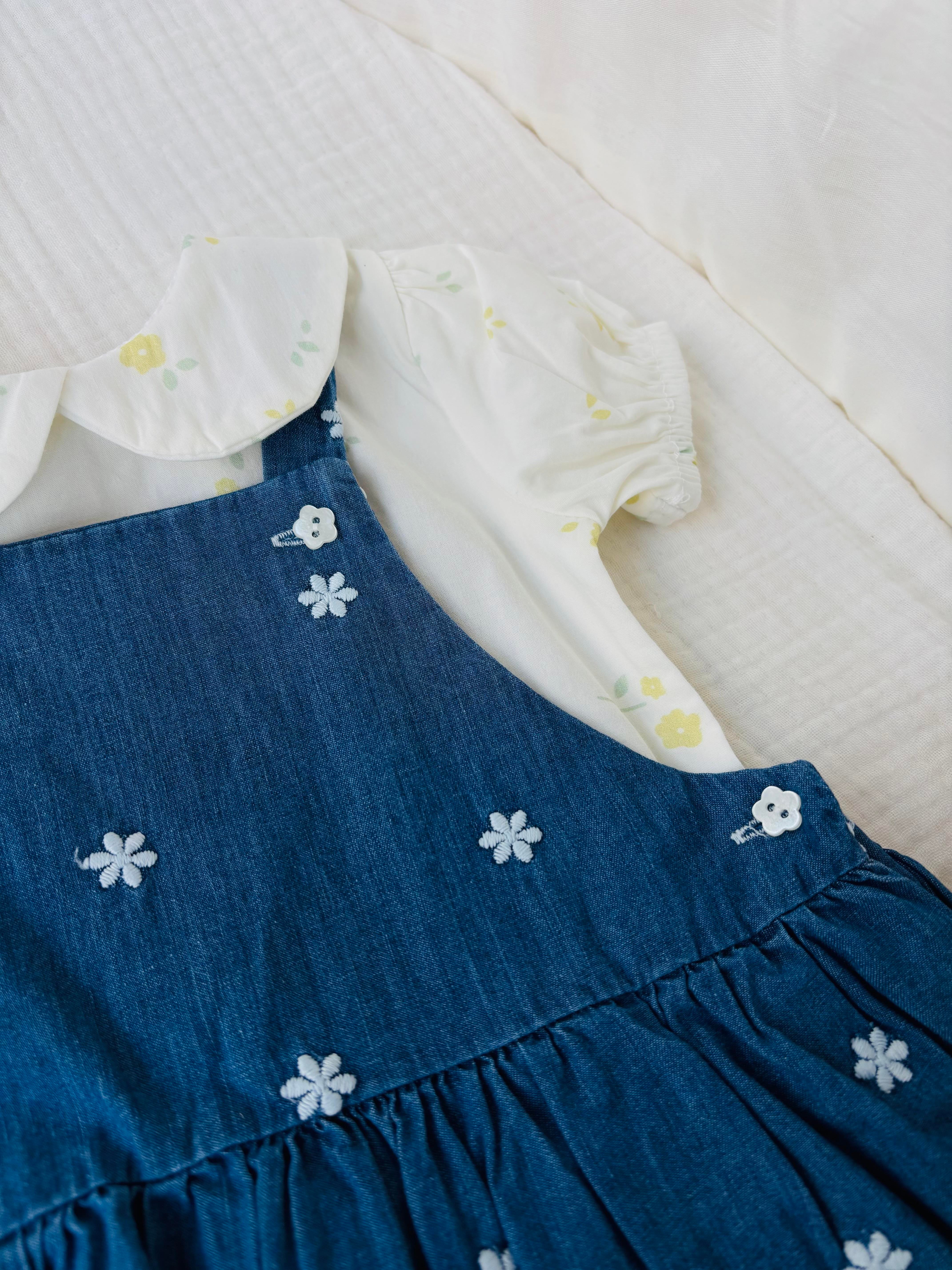 Çiçek Nakışlı Gömlekli Kot Elbise Takımı