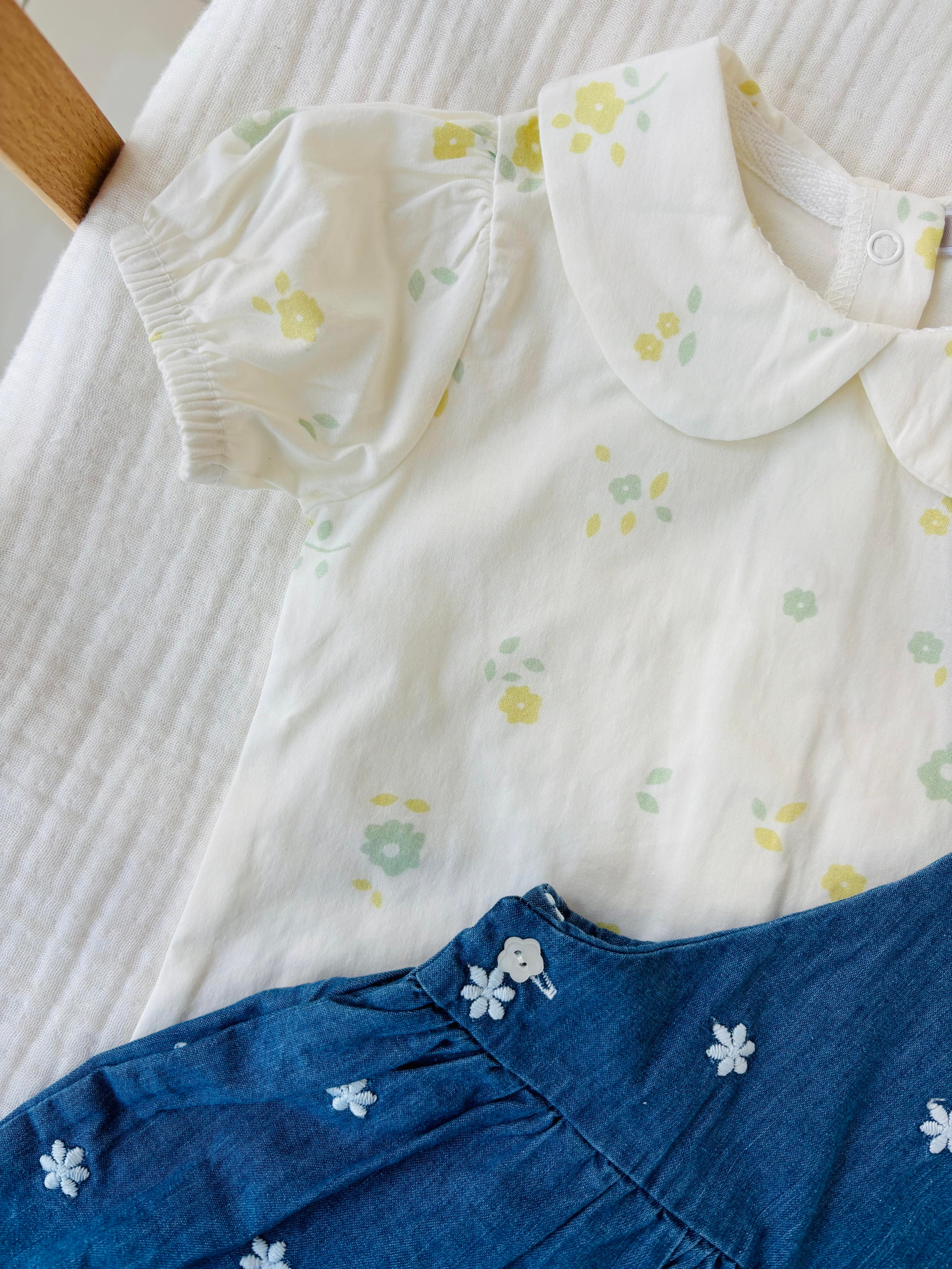 Çiçek Nakışlı Gömlekli Kot Elbise Takımı