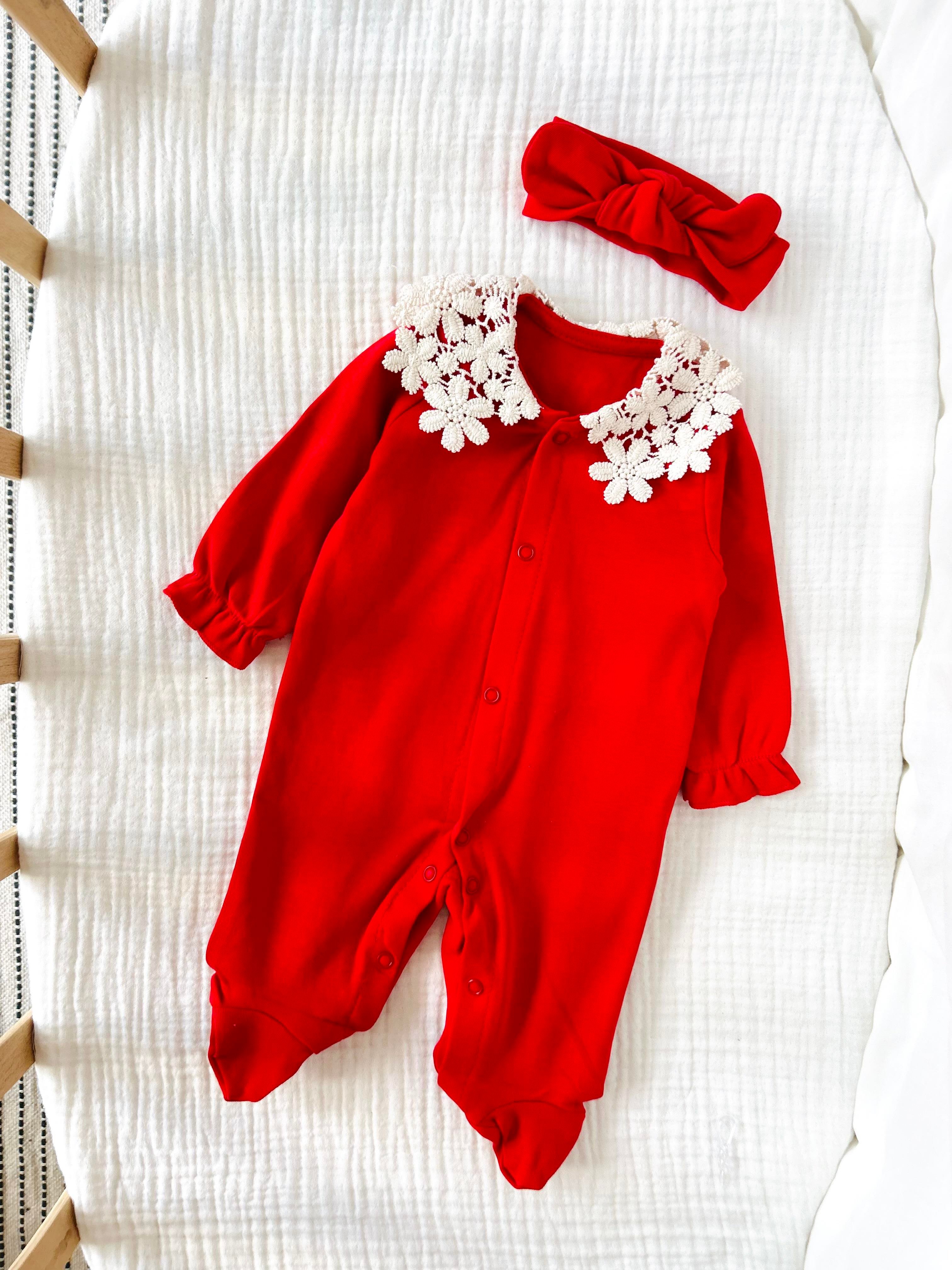 Iris Dantel Yaka Bandanalı Tulum - Kırmızı