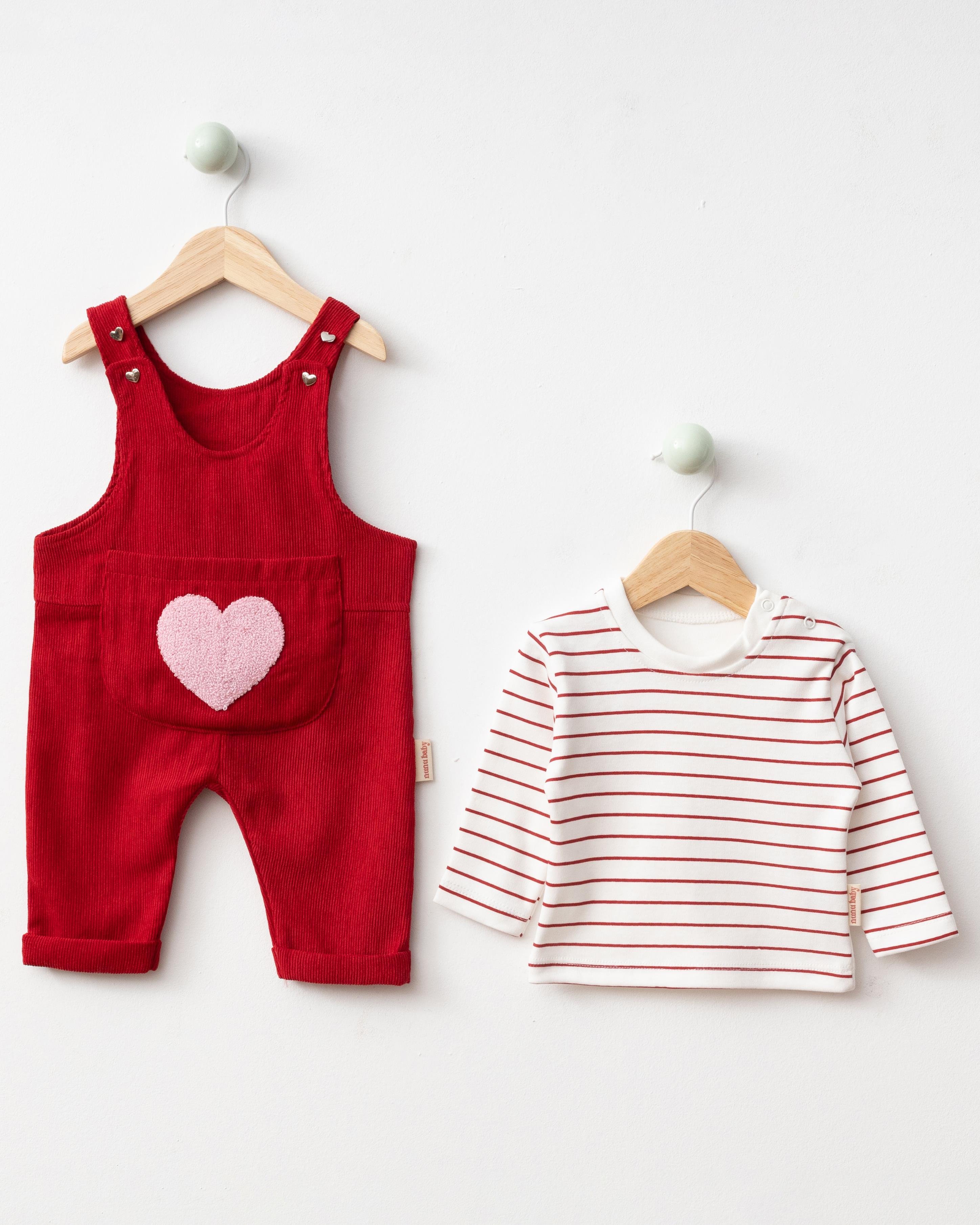 Kalp Punch İşlemeli Salopet Takım - Kırmızı