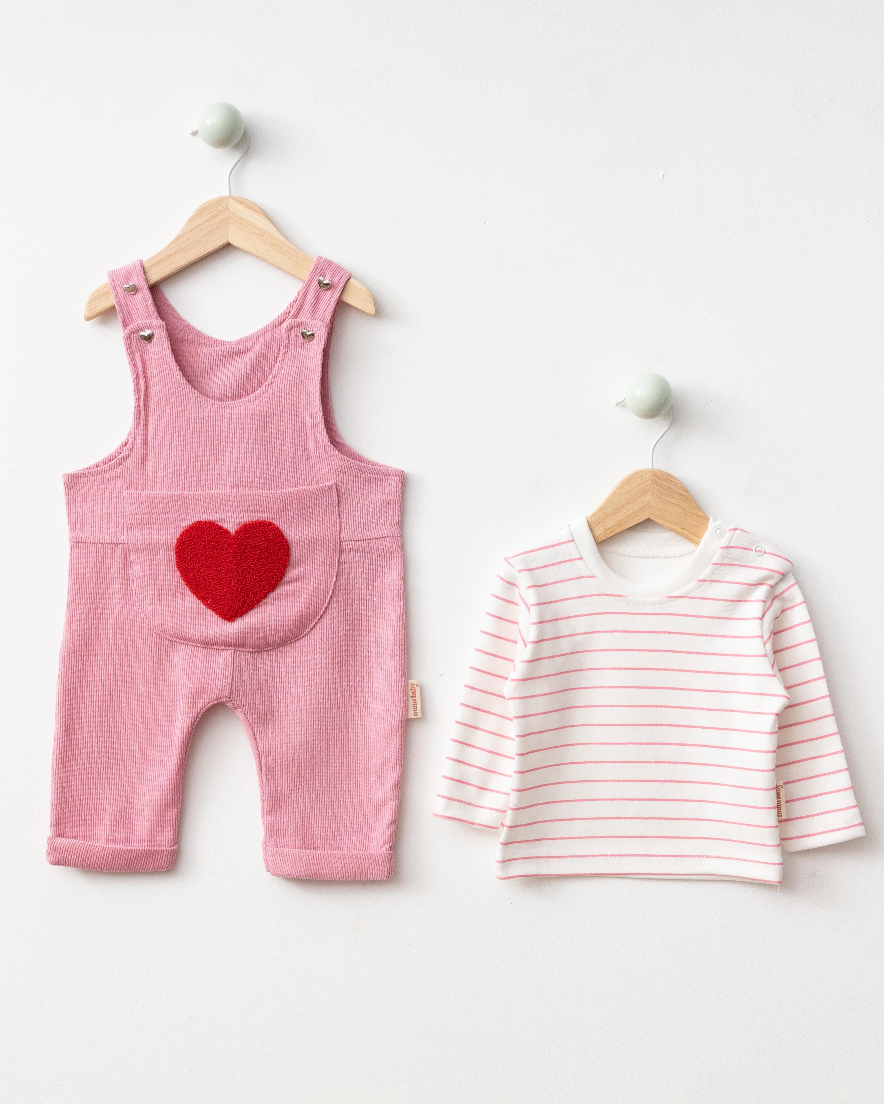 Kalp Punch İşlemeli Salopet Takım - Pembe