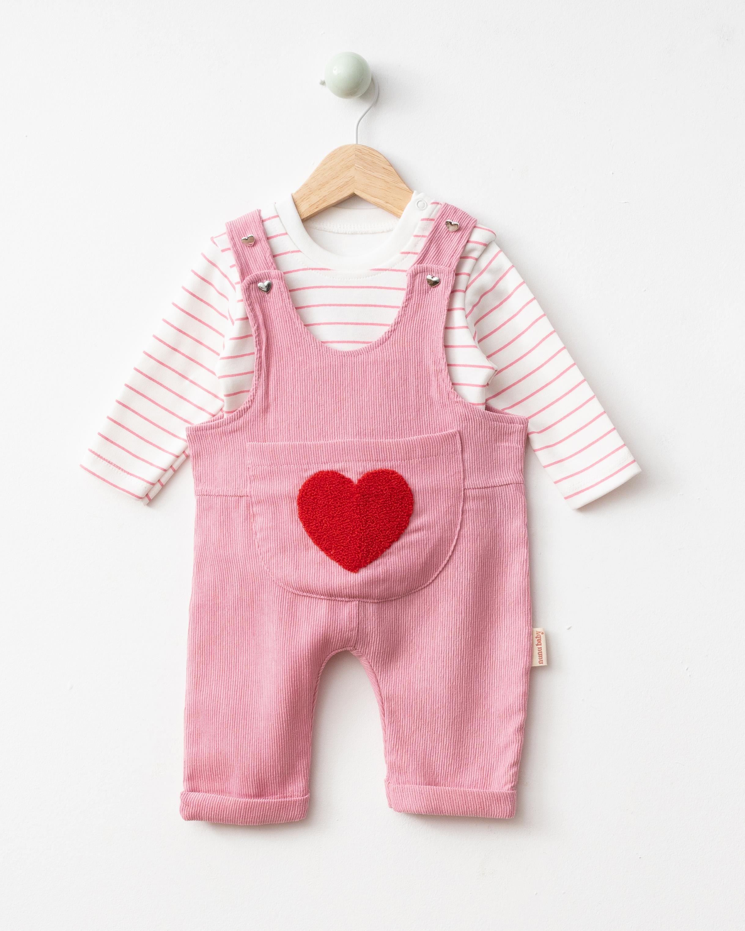 Kalp Punch İşlemeli Salopet Takım - Pembe