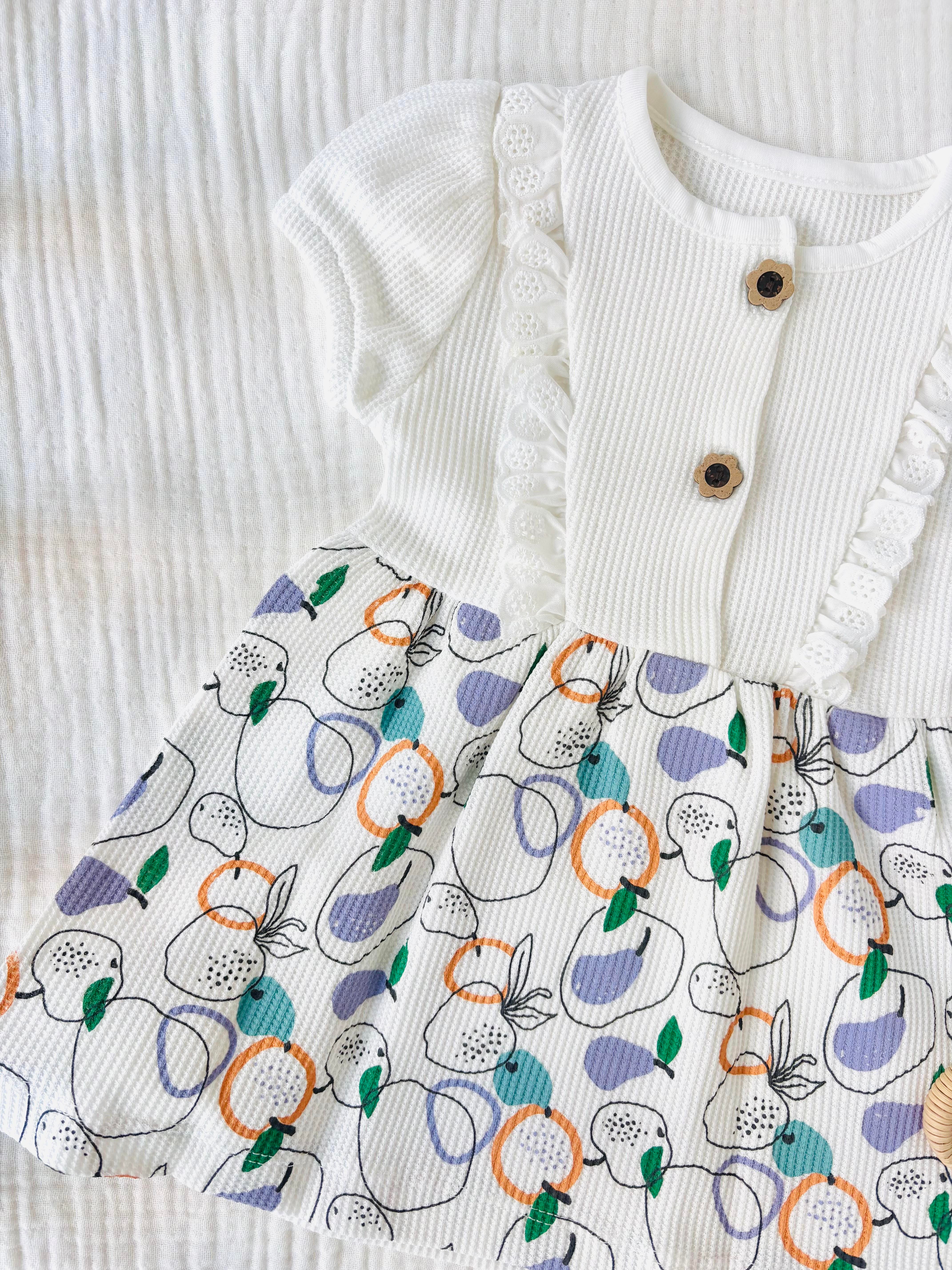 Meyveli Waffle Elbise - Beyaz