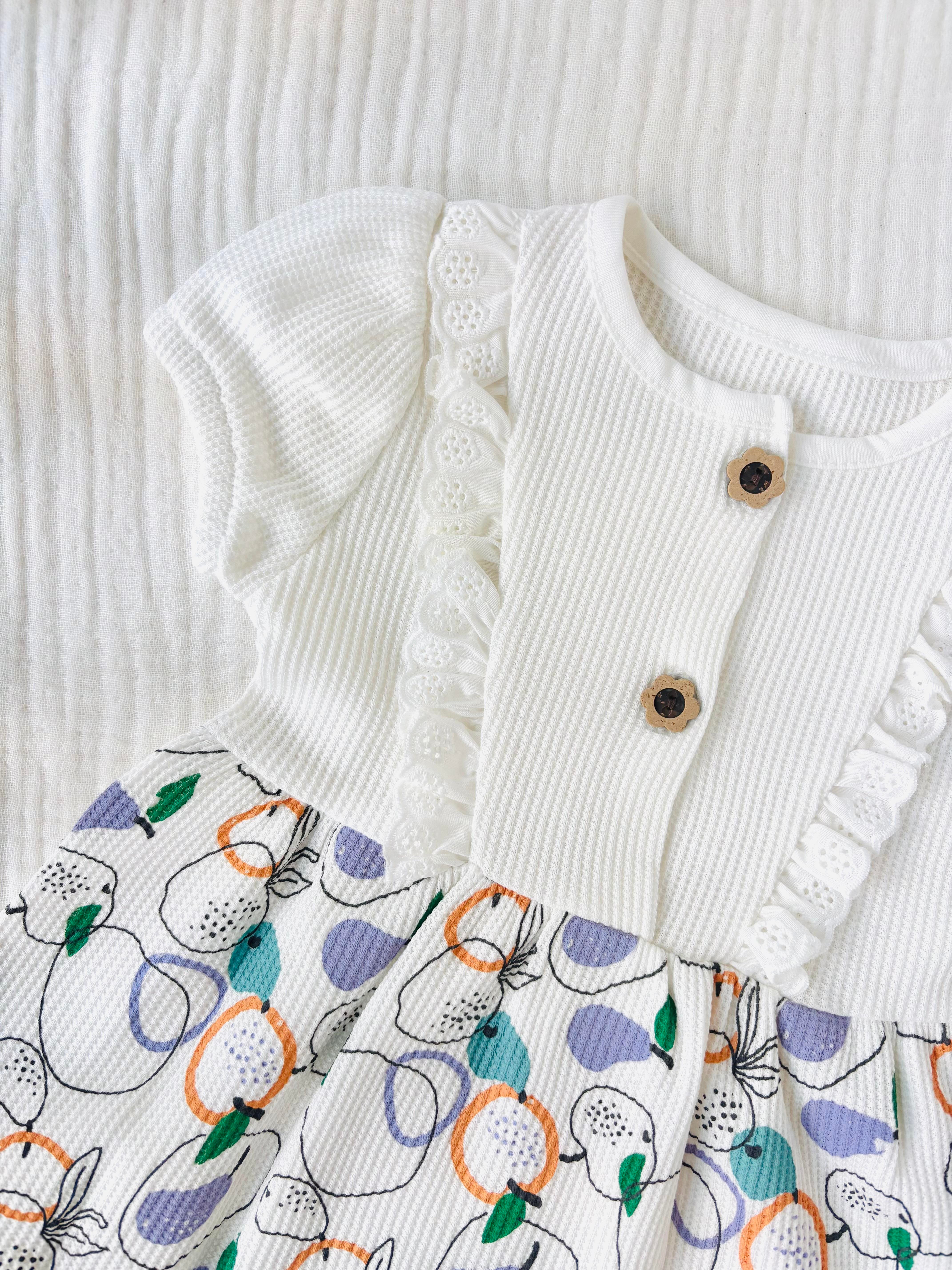 Meyveli Waffle Elbise - Beyaz