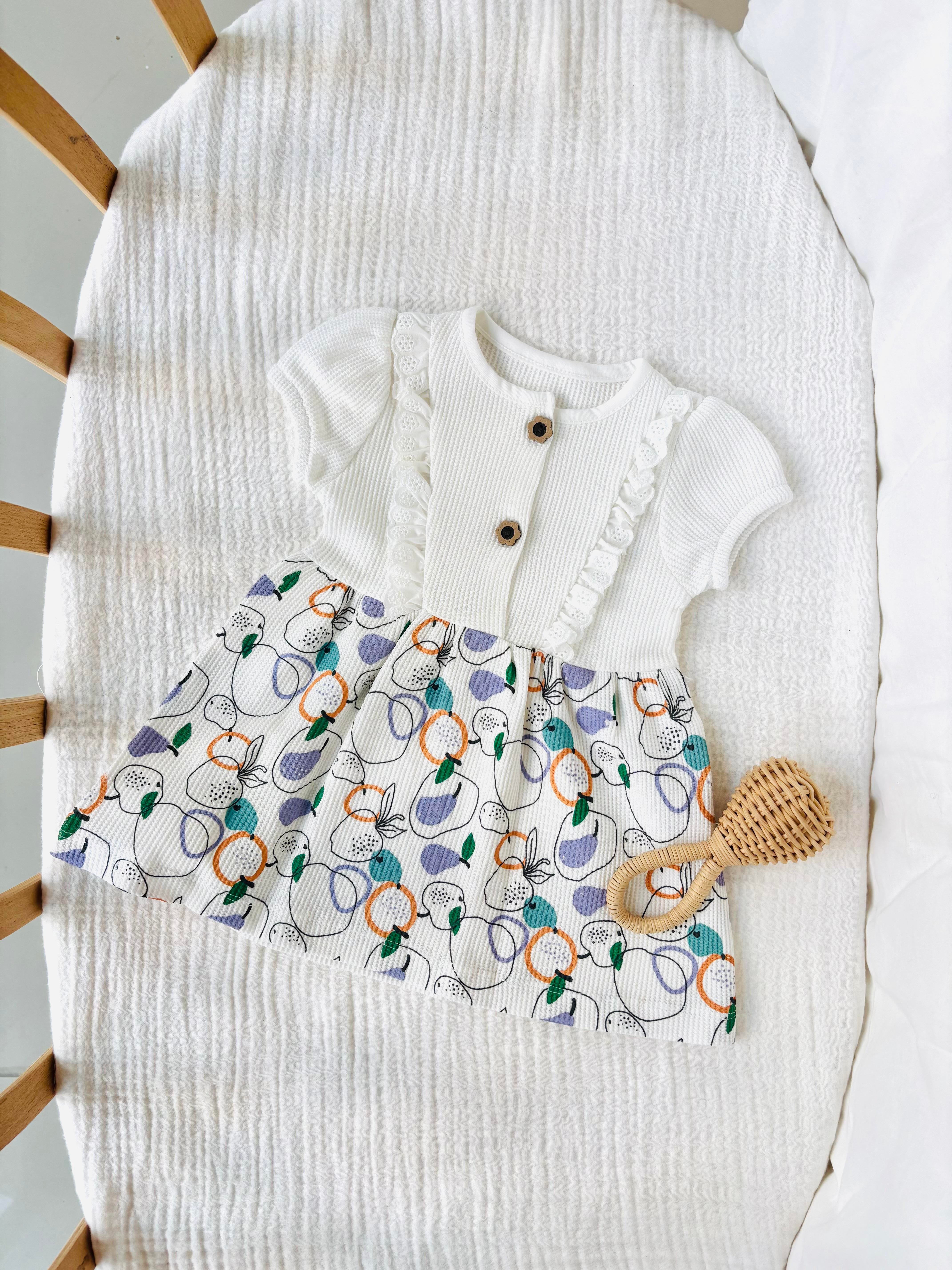 Meyveli Waffle Elbise - Beyaz