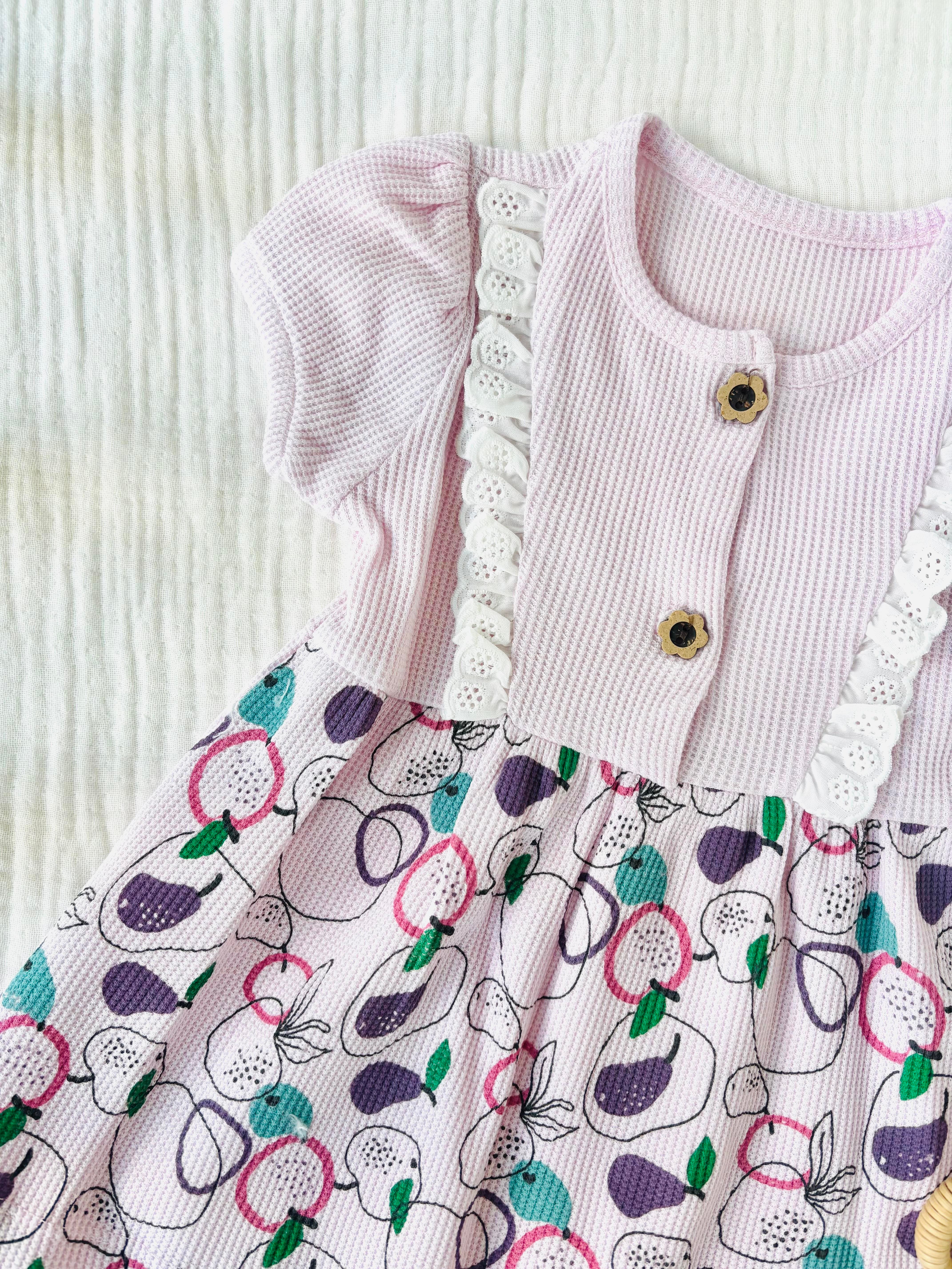 Meyveli Waffle Elbise - Lila