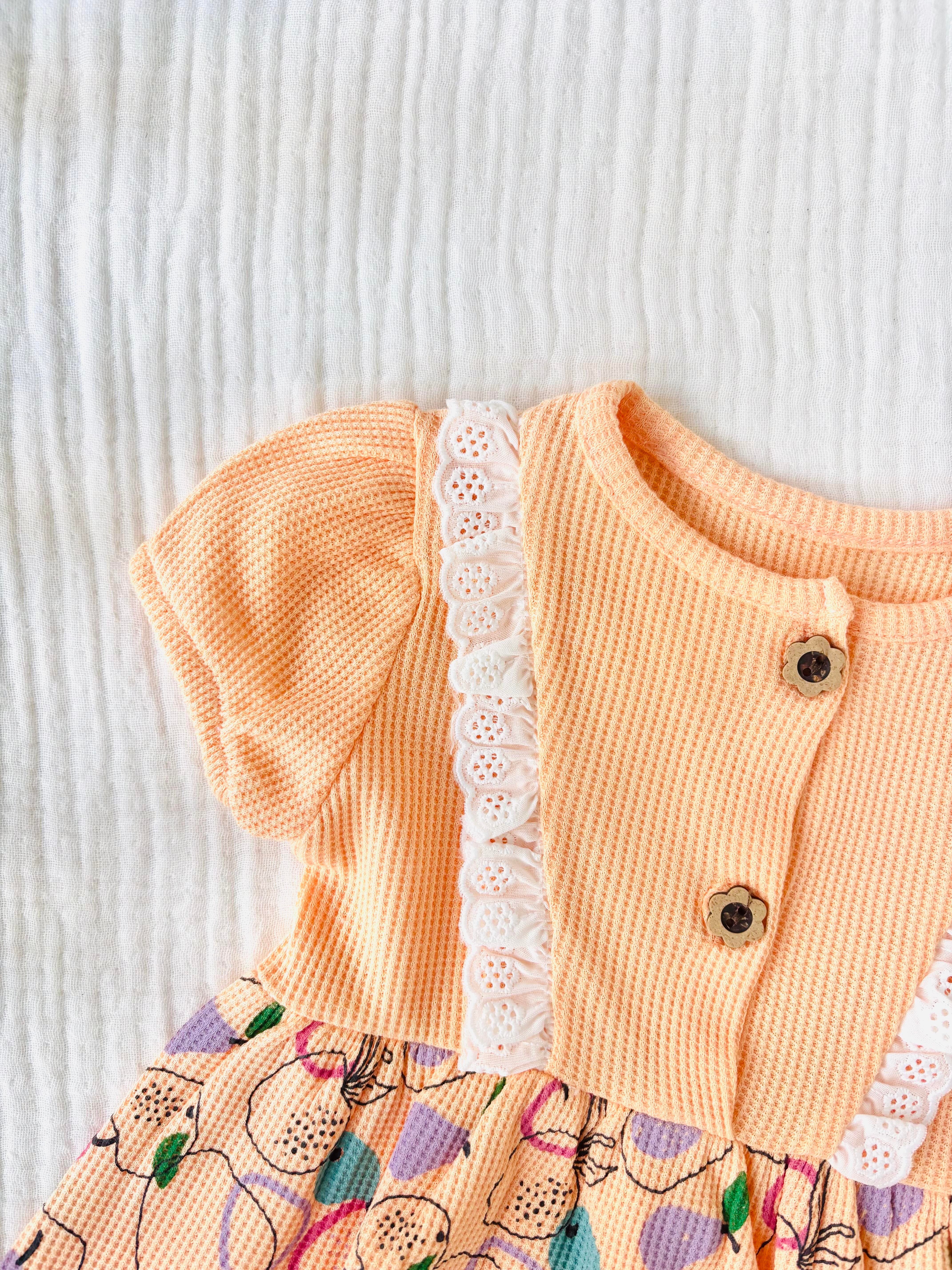 Meyveli Waffle Elbise - Turuncu