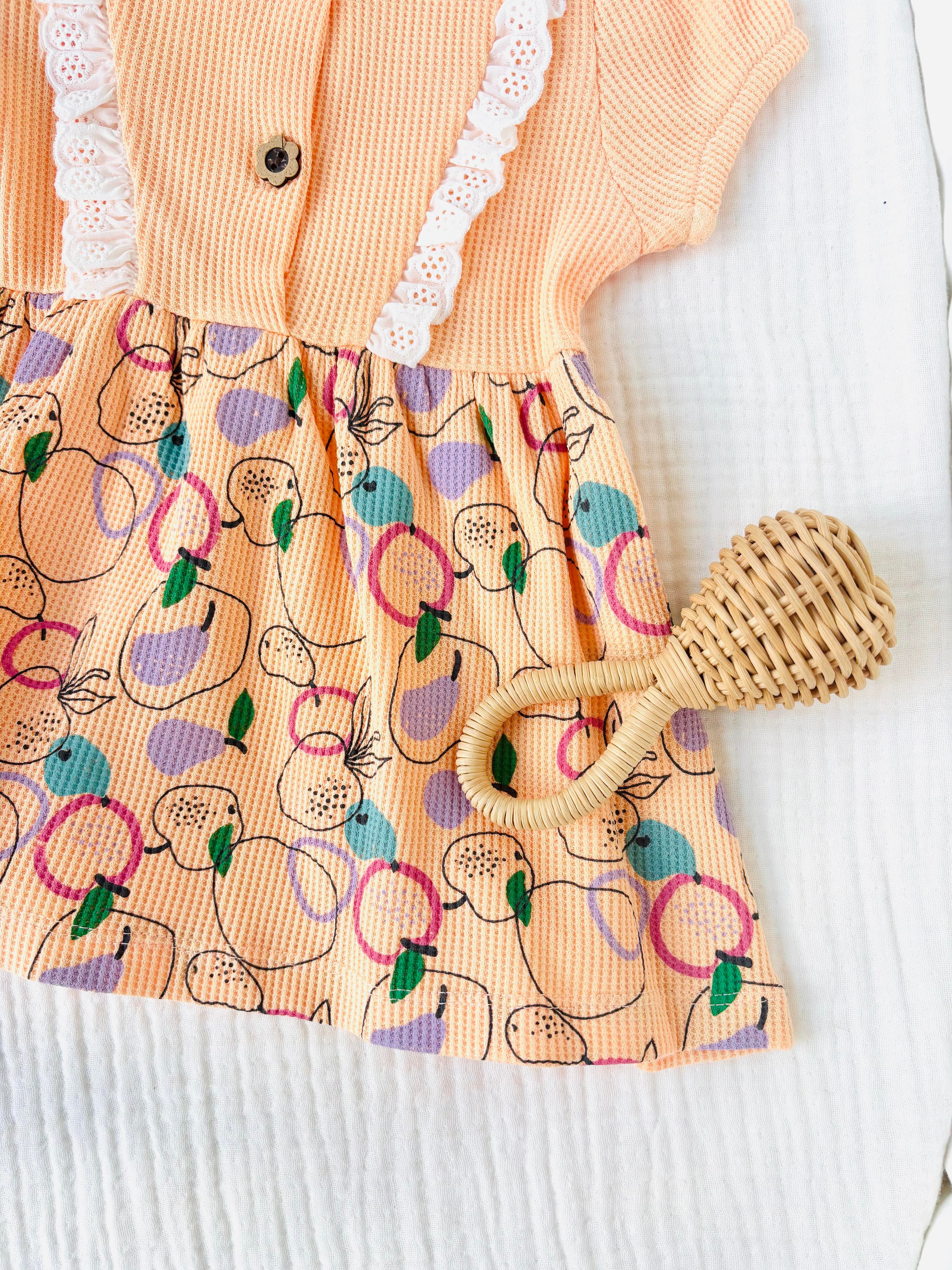 Meyveli Waffle Elbise - Turuncu