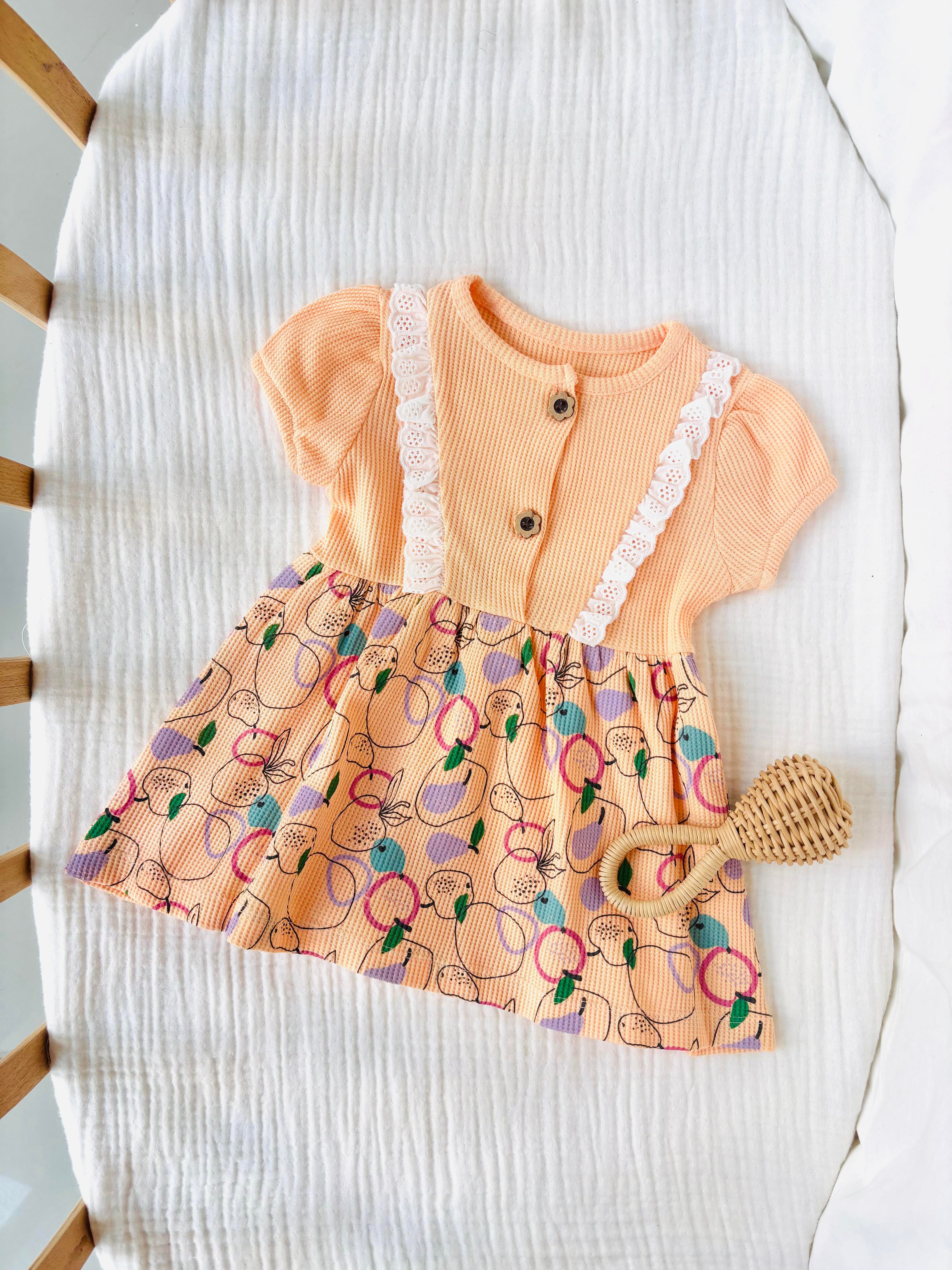 Meyveli Waffle Elbise - Turuncu