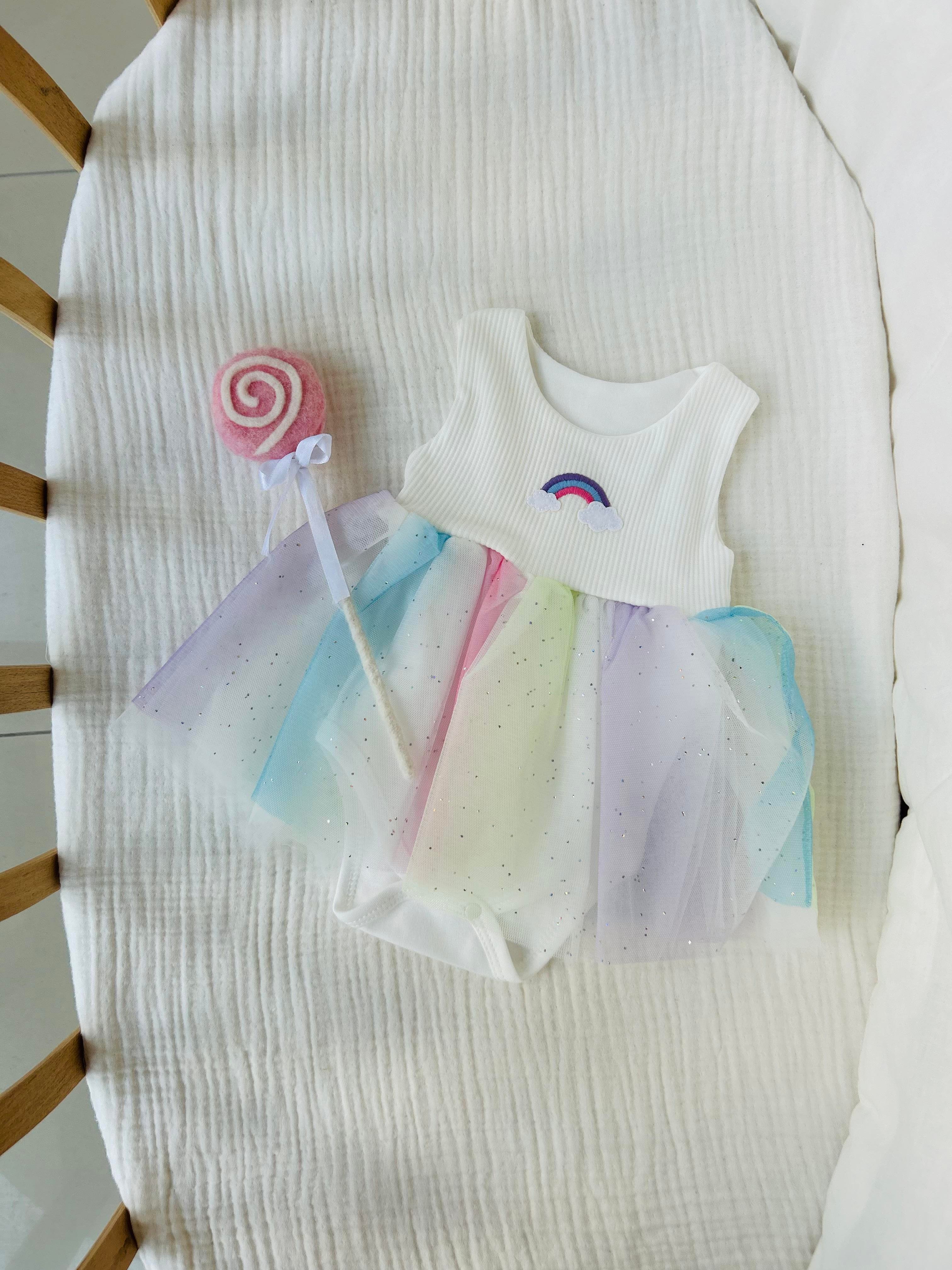 Rainbow Tütülü Elbise - Beyaz