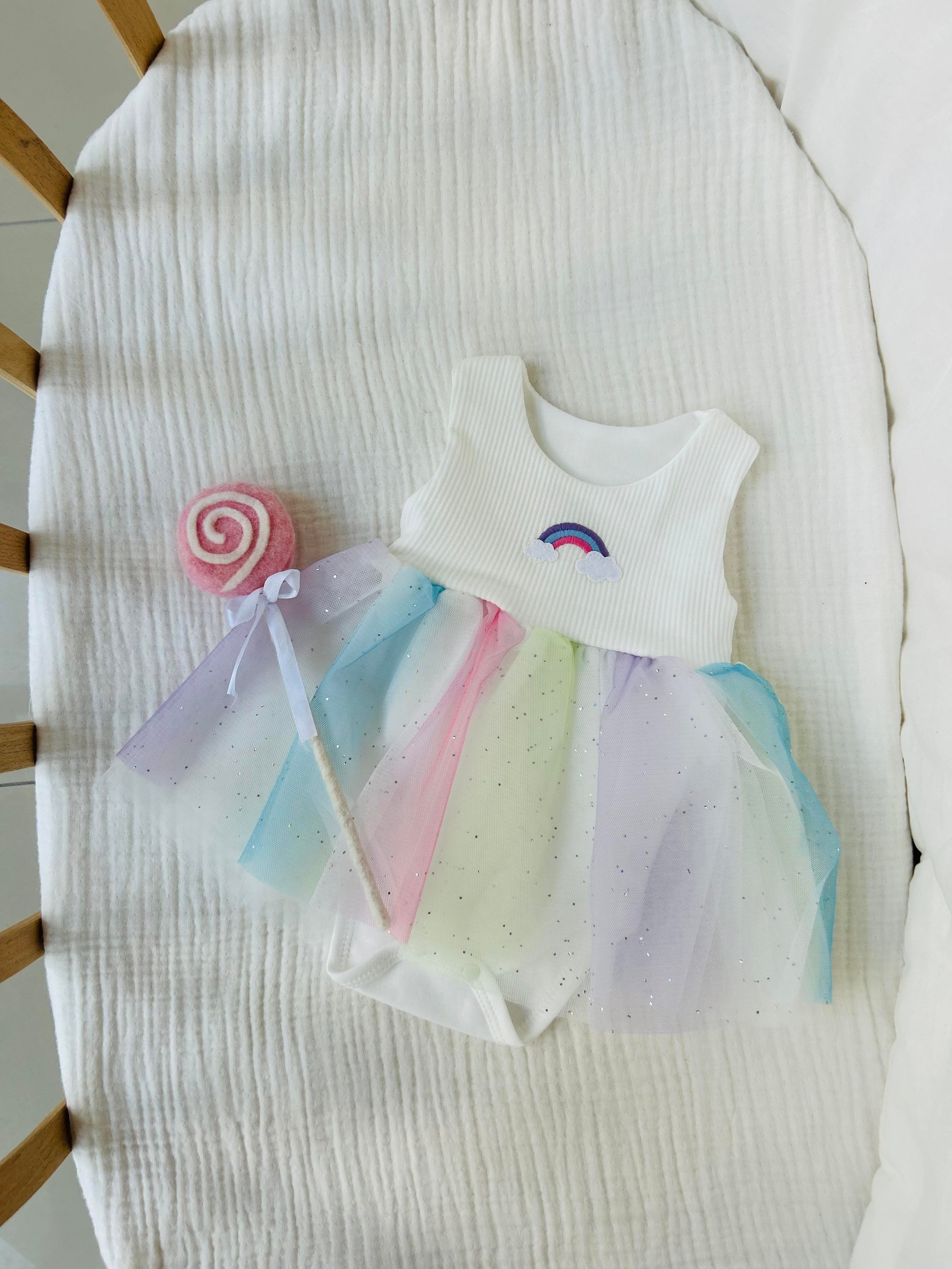 Rainbow Tütülü Elbise - Beyaz