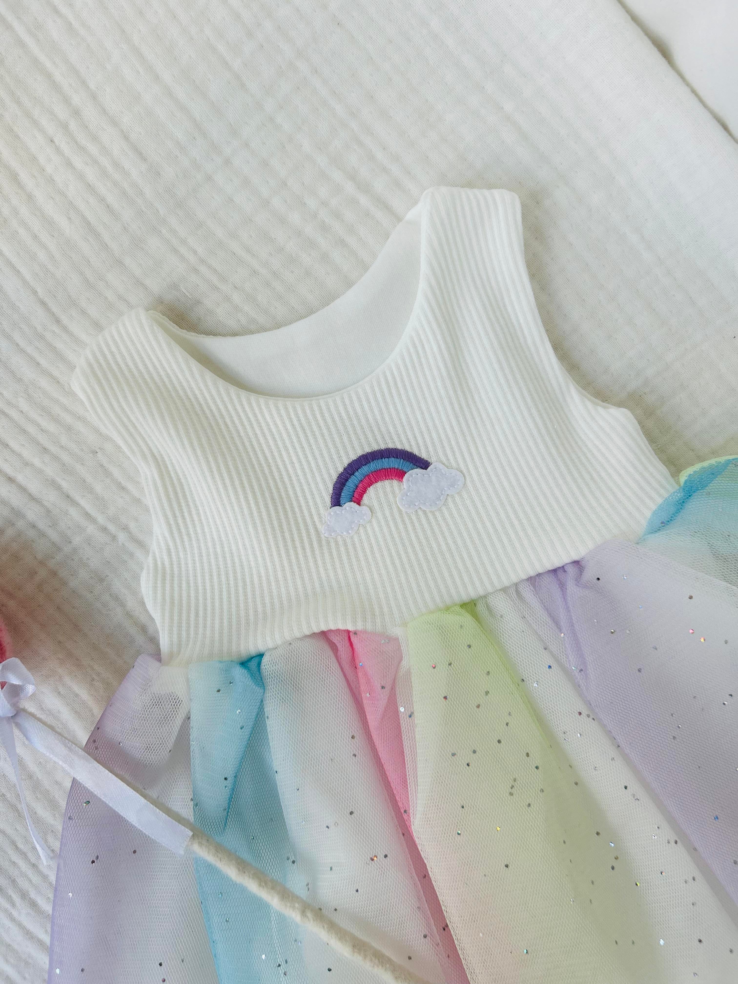 Rainbow Tütülü Elbise - Beyaz