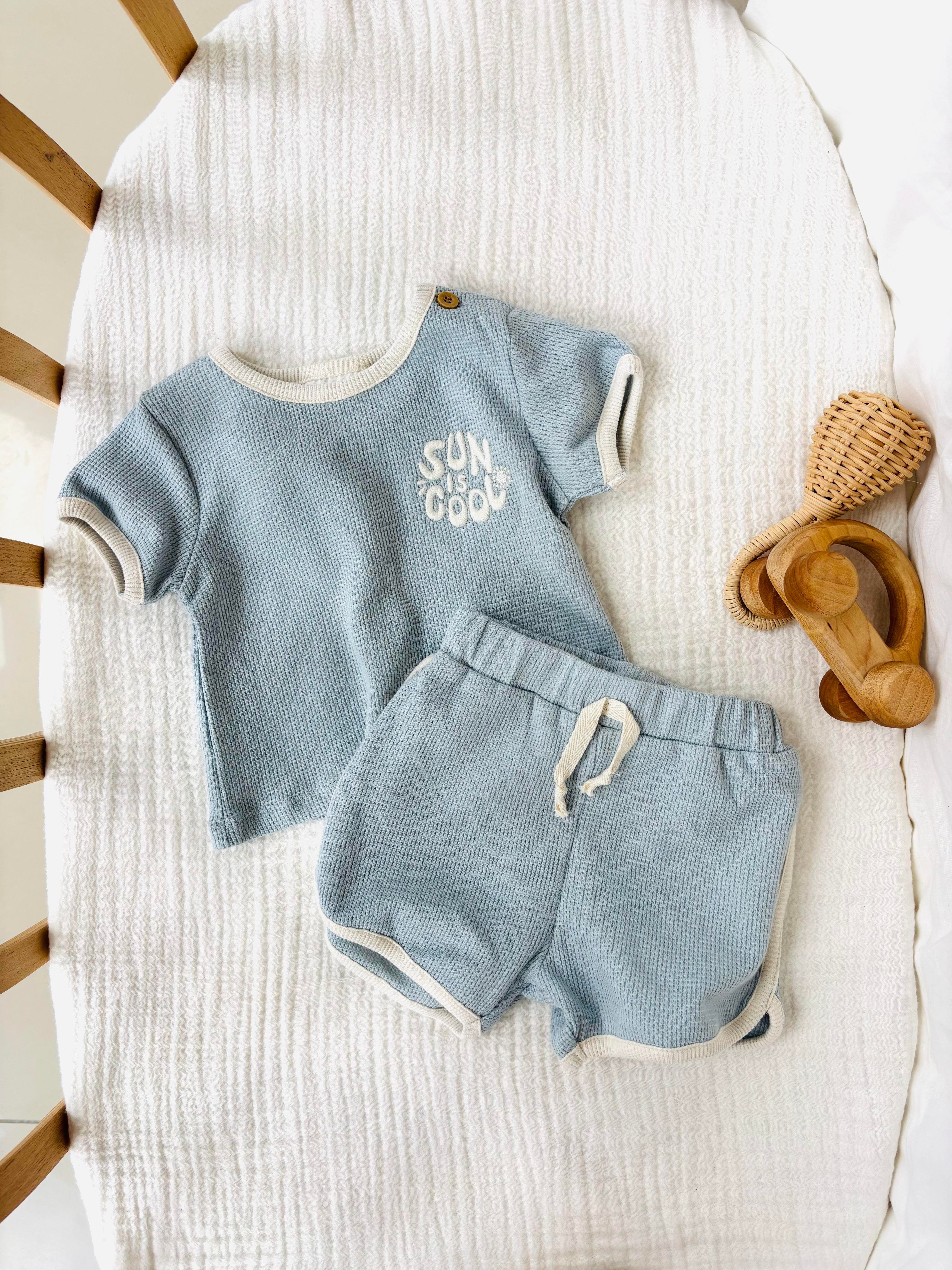 Slogan Nakışlı Waffle Takım - Mavi