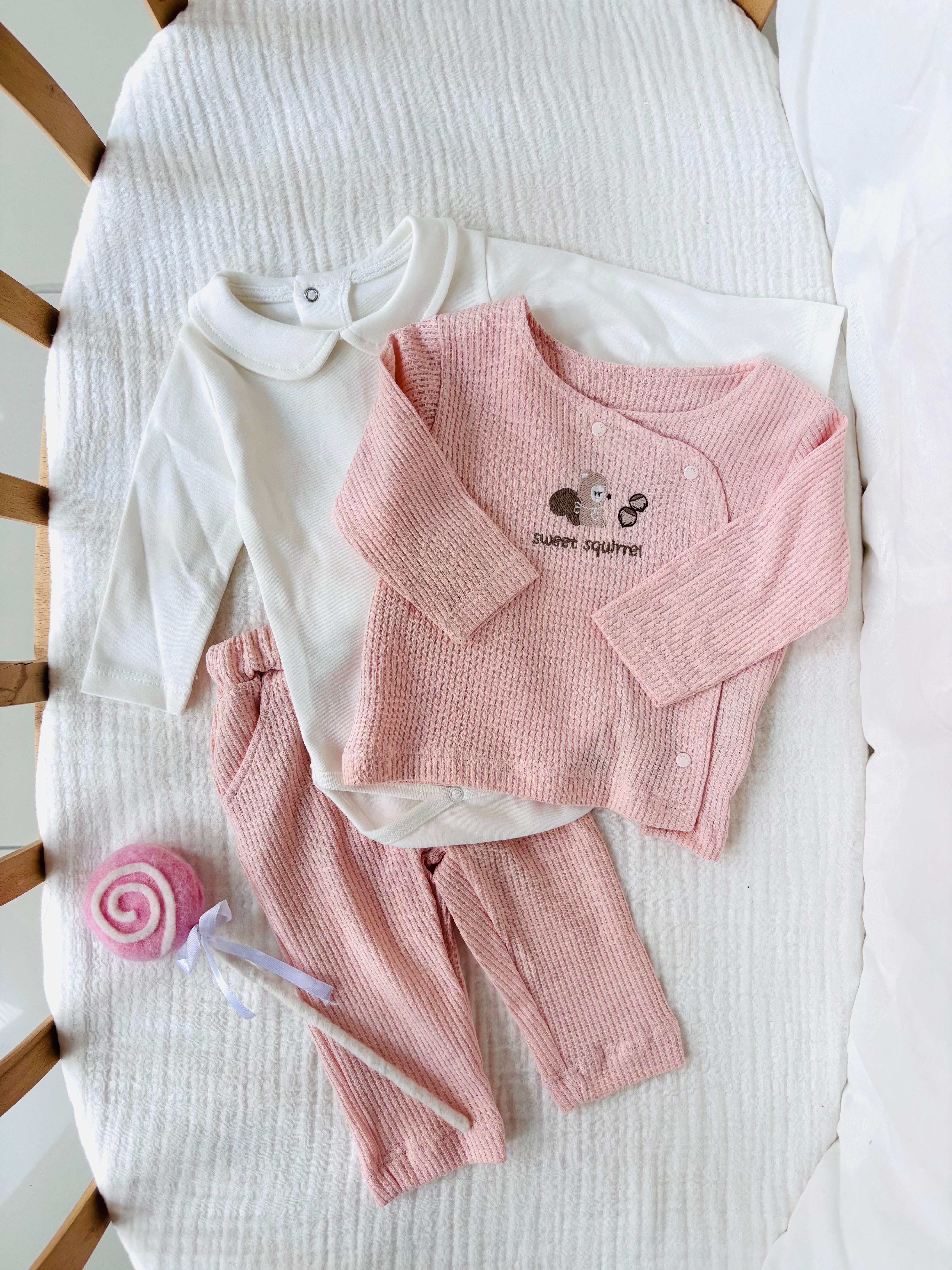 Sweet 3 Parça Waffle Kumaş Takım - Pembe
