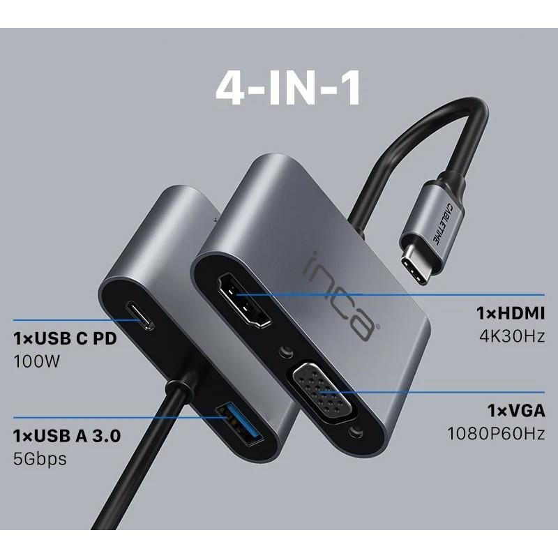 INCA ITPC-06T TYPE-C HUB X4 HDMI 4K30 Hz+ VGA+ USB 3.0+PD 100W ALUMINYUM KASA ÇOKLAYICI