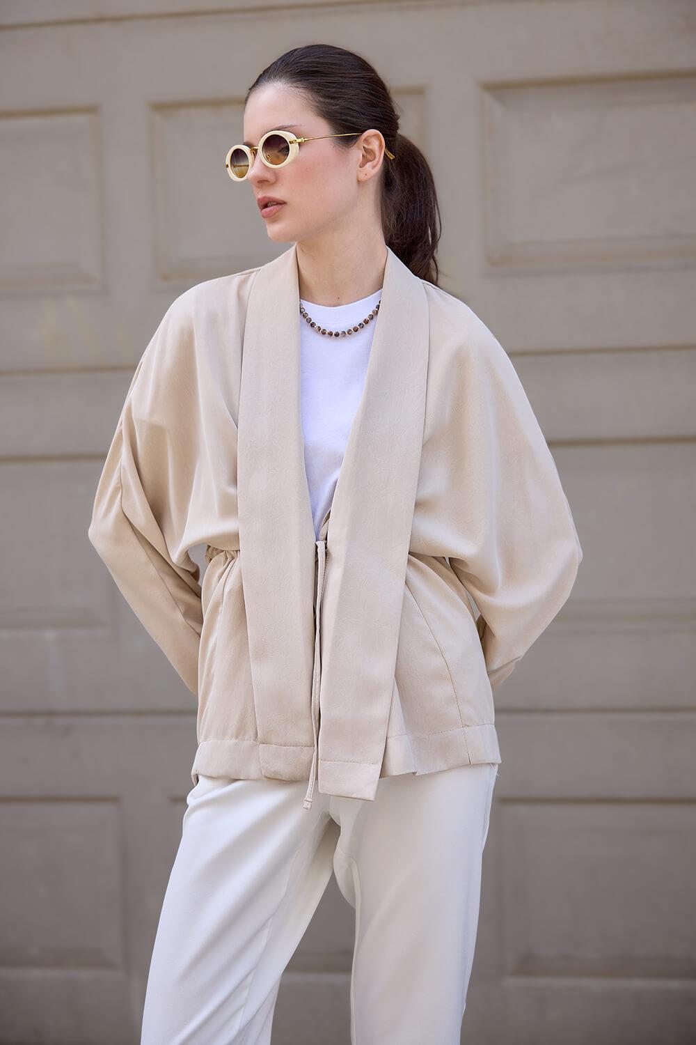 Bej Kraşlı Kimono