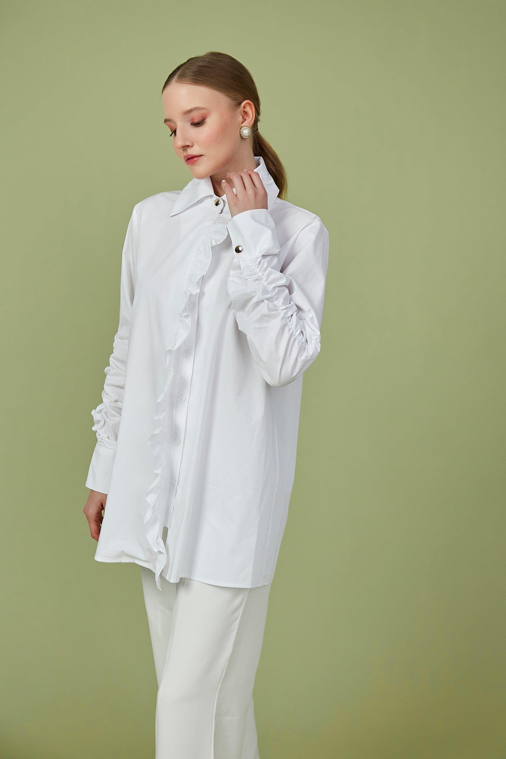 Beyaz Fırfır Detaylı Poplin Tunik