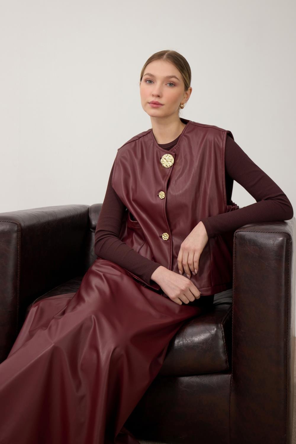 Bordo Cep Detaylı Deri Yelek