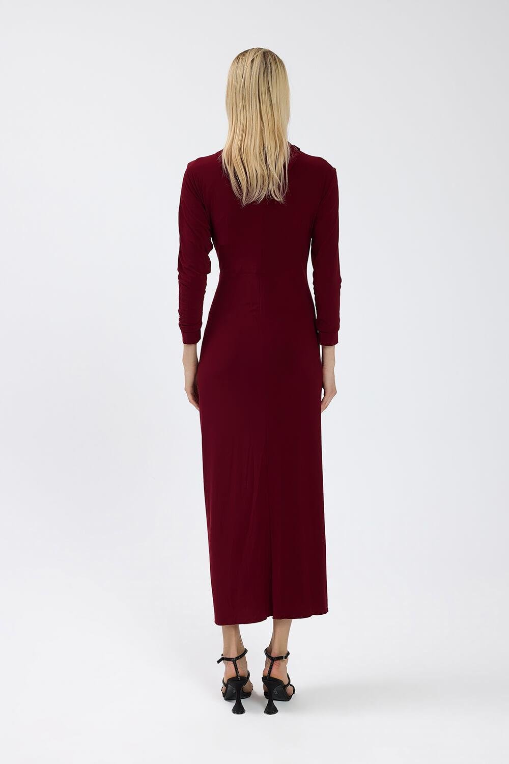 Bordo Drape Detaylı Elbise