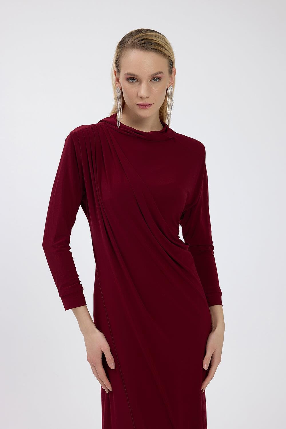 Bordo Drape Detaylı Elbise