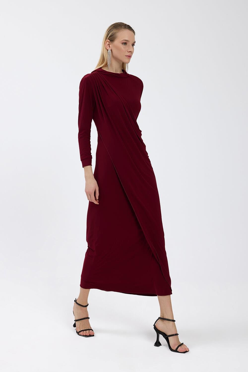 Bordo Drape Detaylı Elbise