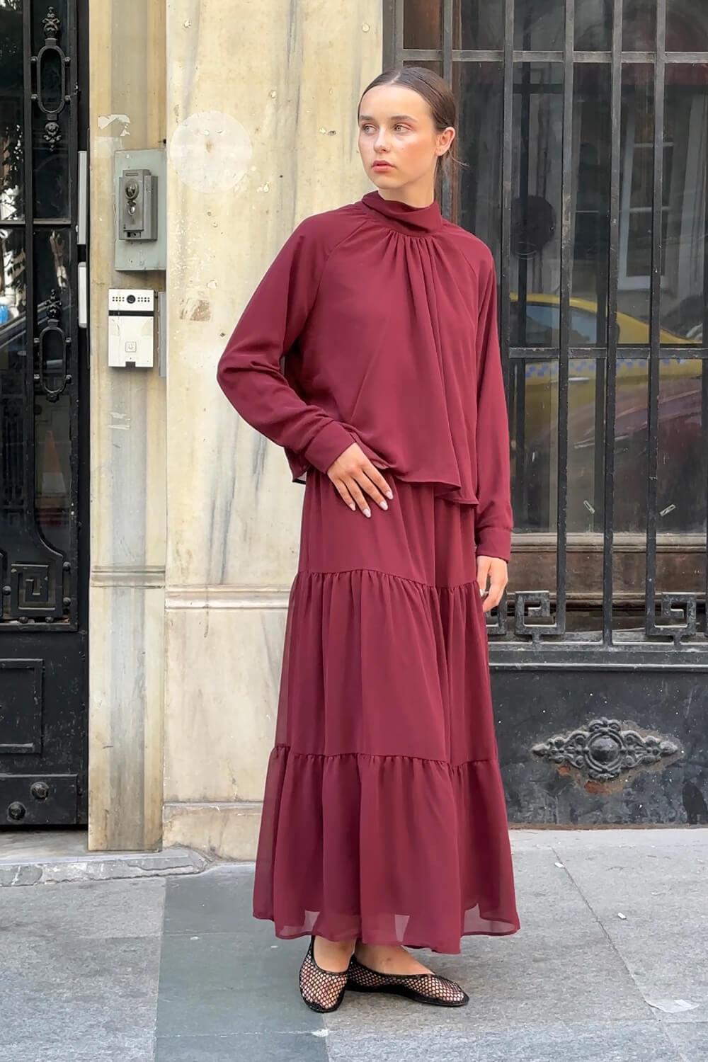 Bordo Şifon Etek Takım
